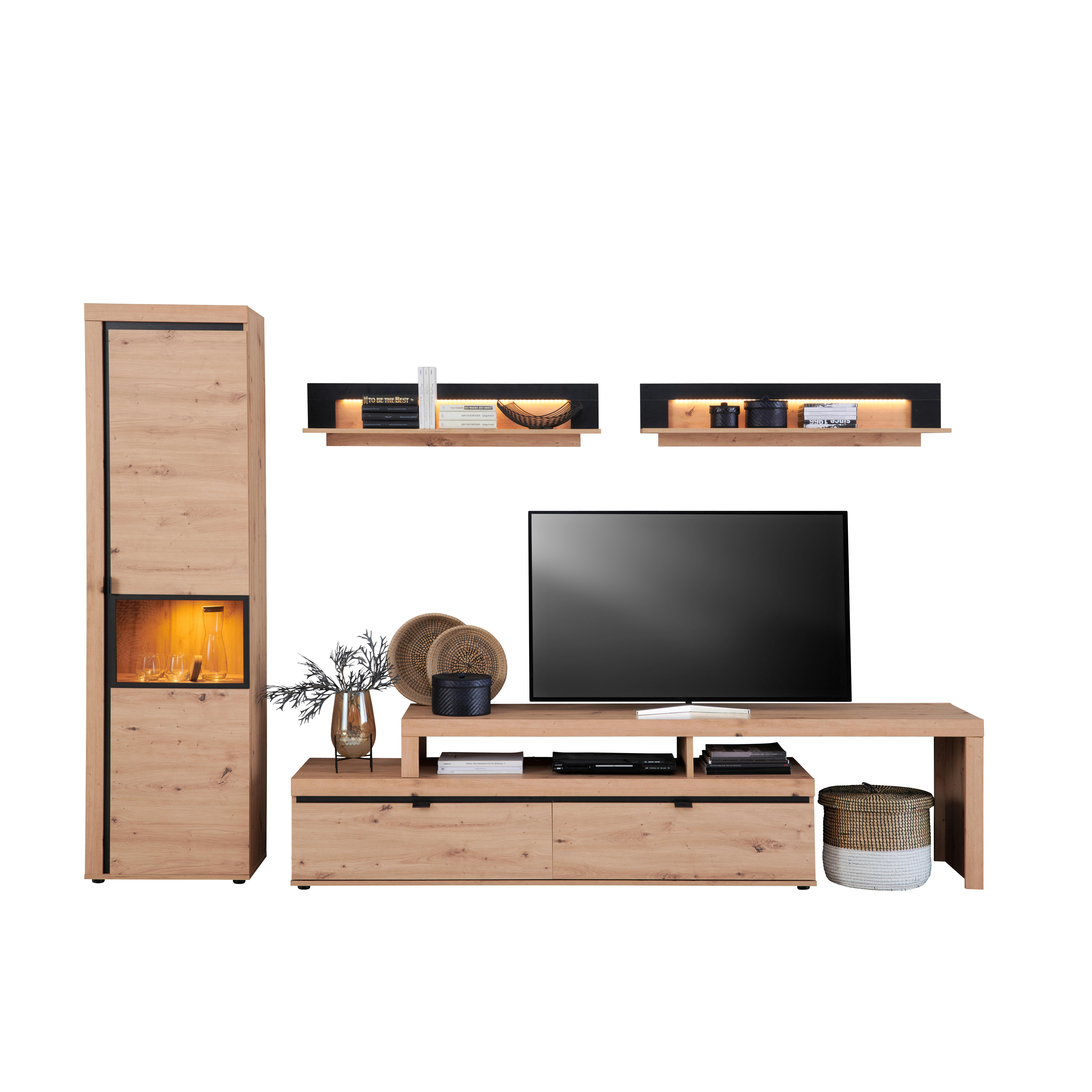 Wohnkombination 4--Teilig. mit LED Nyon, Eiche Dekor/Schwarz