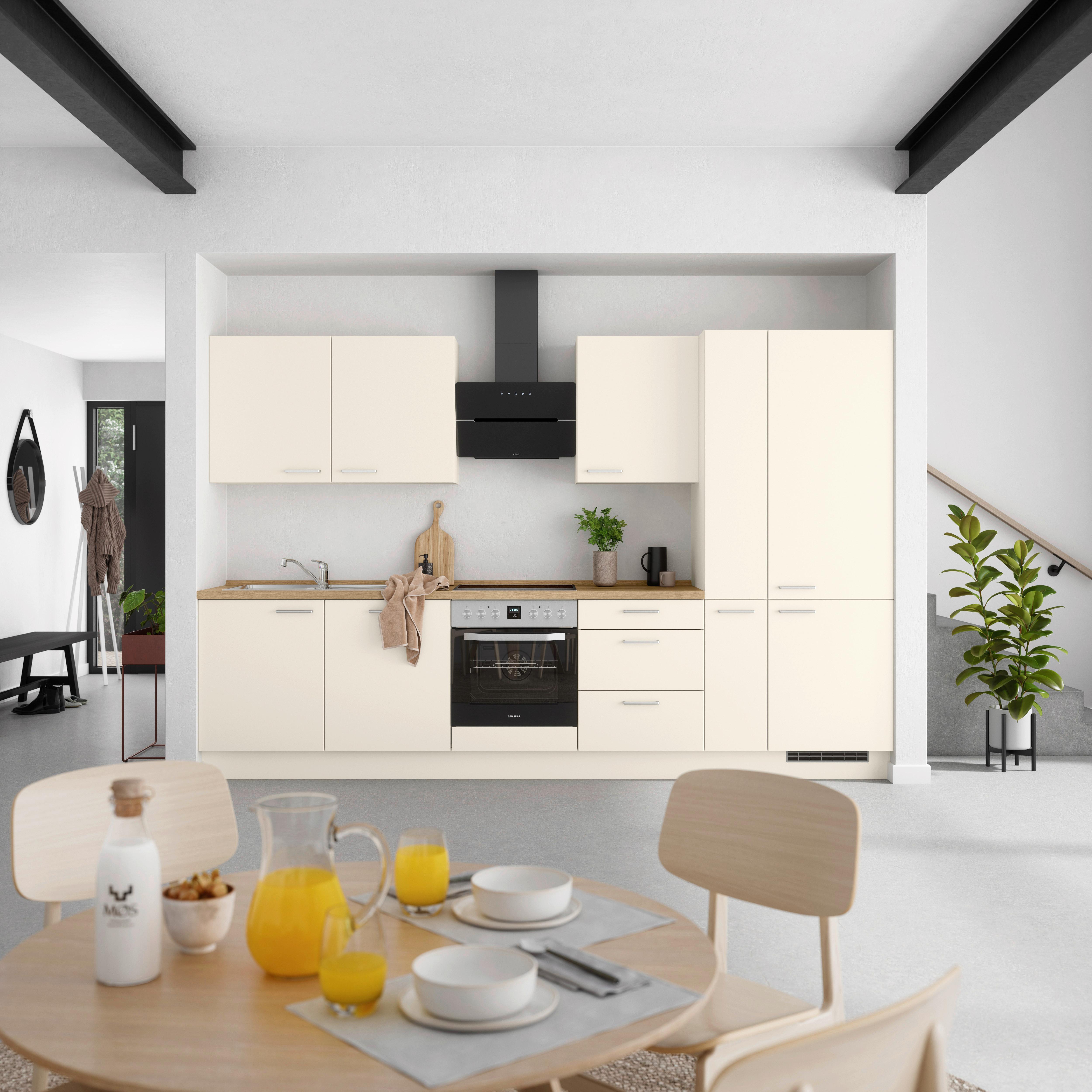 Kuchyňská linka 330 cm, magnóliová supermatná - barvy dubu/magnolie, Moderní, kov/kompozitní dřevo (330cm) - Nobilia