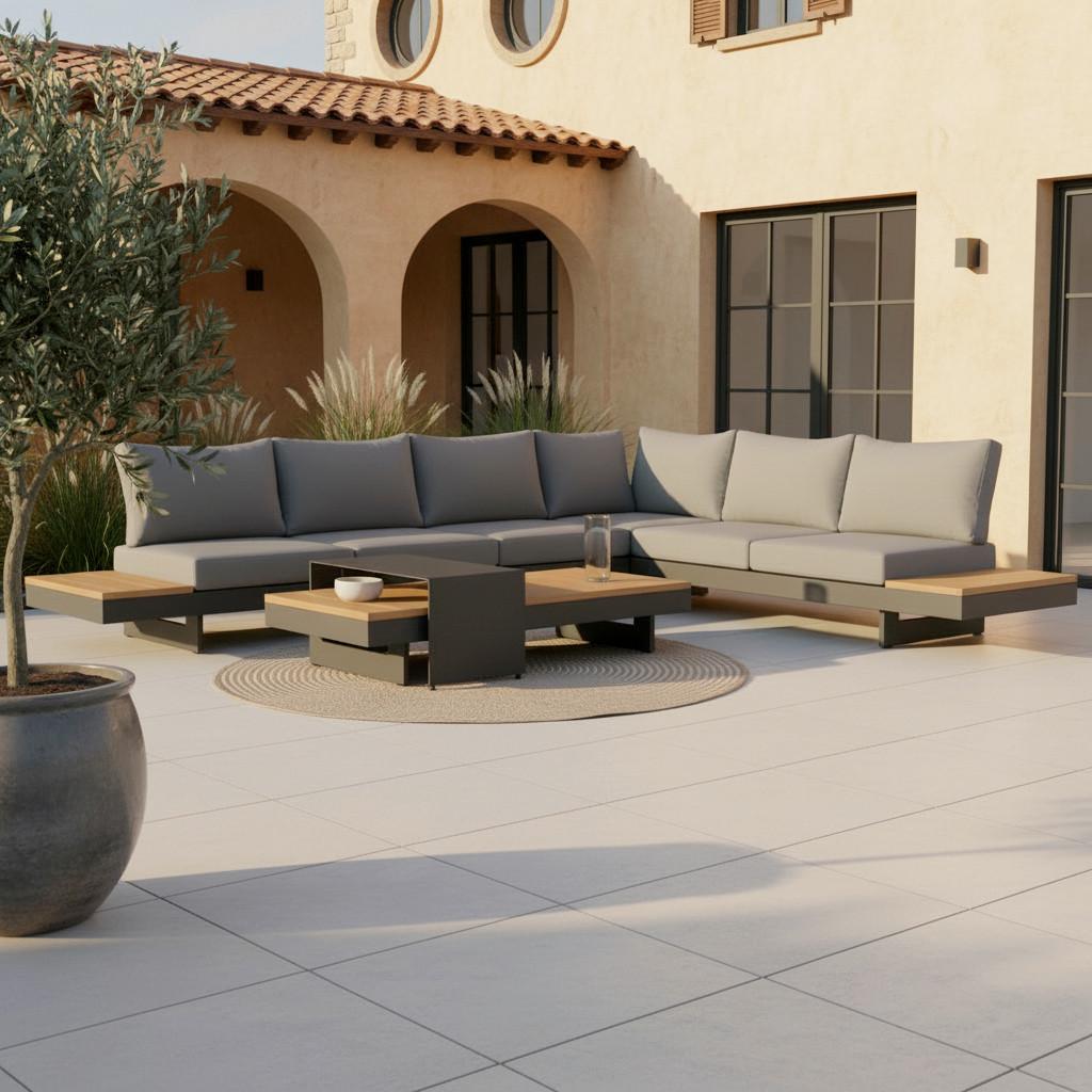 Zahradní sedací souprava AMAIA - šedá/tmavě šedá, Moderní, kov/dřevo (323/253cm) - Bessagi Garden