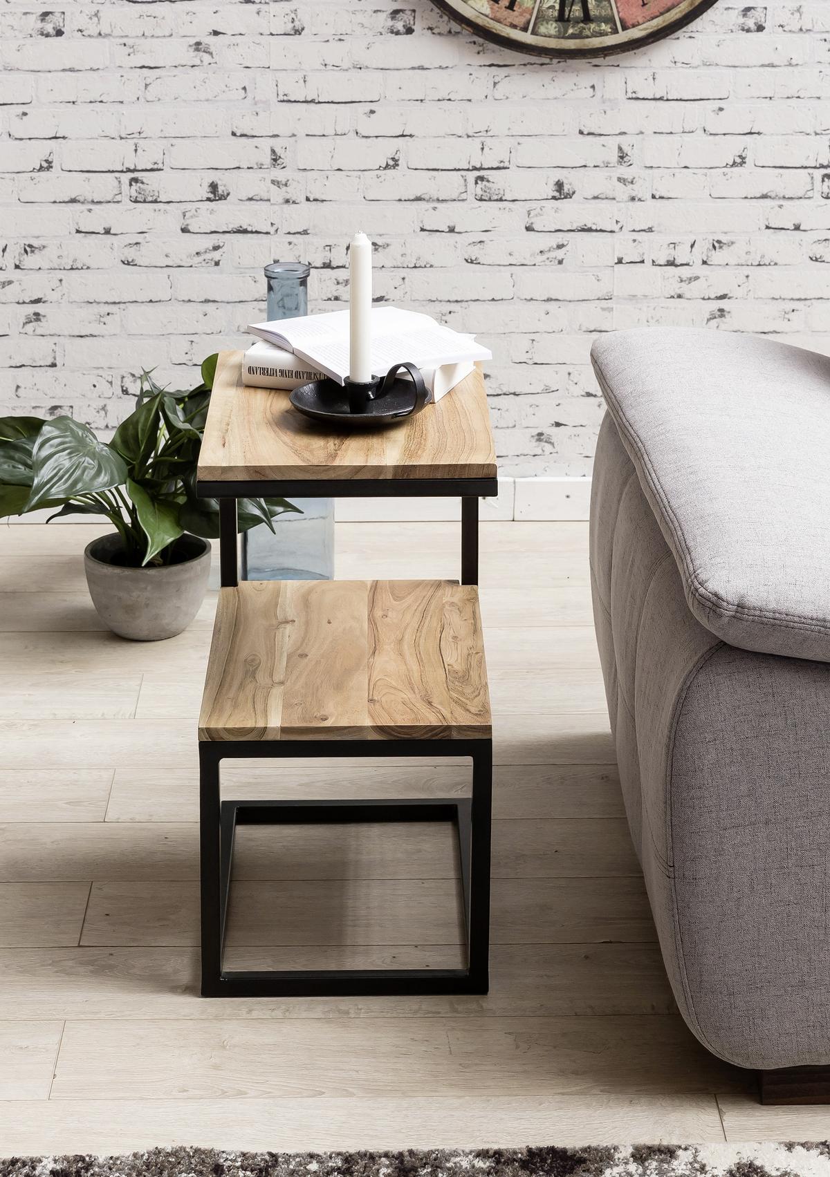 Beistelltisch S-Form Akola, Akazie Massiv/Schwarz - Schwarz/Akaziefarben, Design, Holz/Metall (45/30/60cm) - MID.YOU