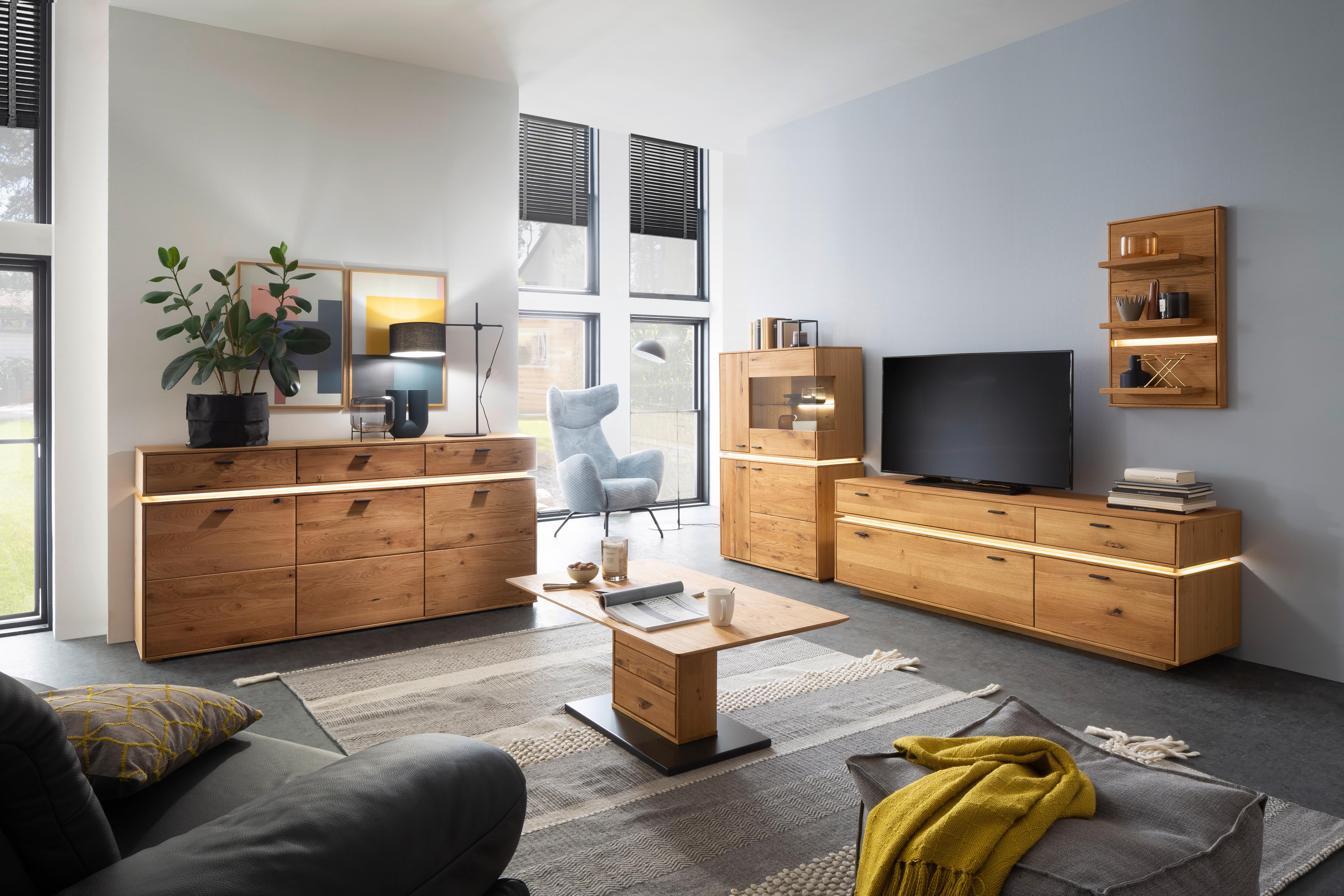 Wohnkombination Massiv 3-Tlg. Como Wildeiche - Wildeiche, Natur, Glas/Holz (286/181/51cm) - MID.YOU