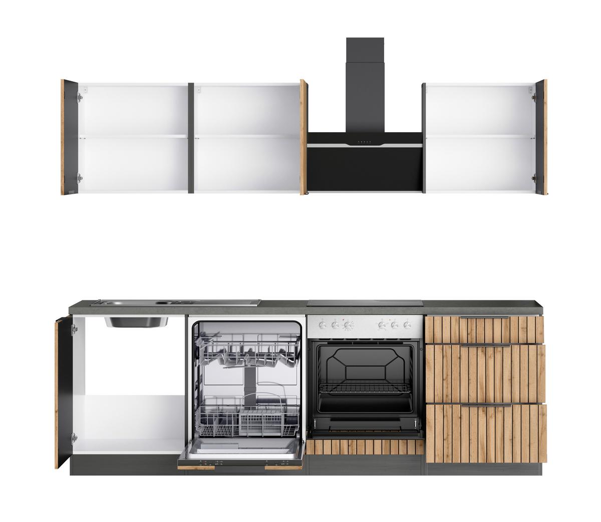 Küchenzeile Liverpool Mit Geräten 240 Cm Graphit/eiche - Schieferfarben/Eiche Wotan, Basics, Holzwerkstoff (240cm) - Held