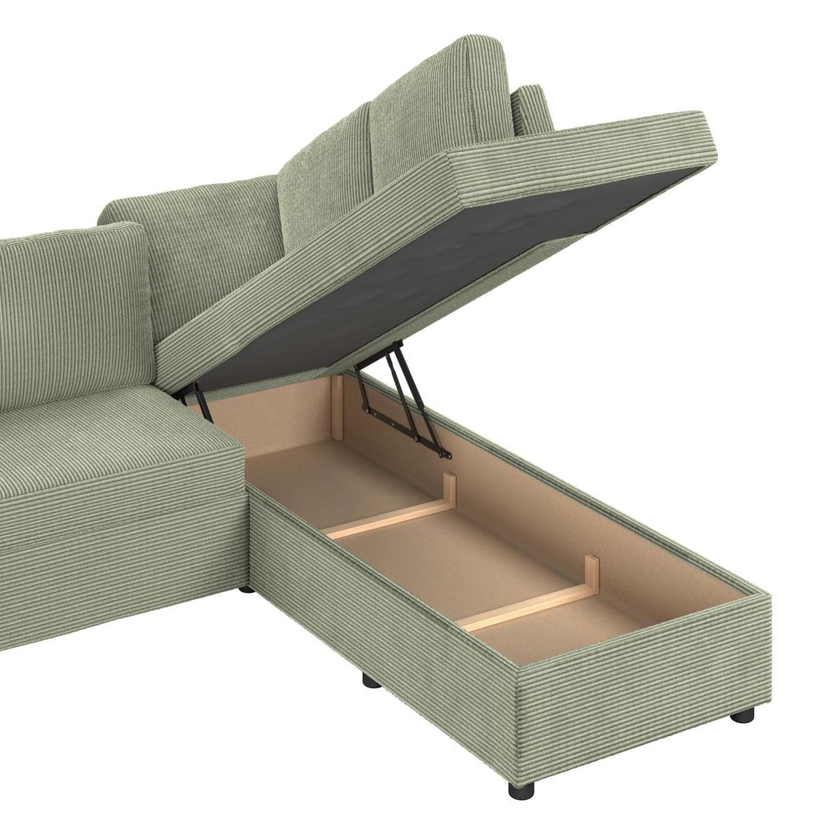 Ecksofa mit Schlaffunktion Toulouse Cord kaki, 224x206cm - Khaki/Schwarz, Trend, Holz/Holzwerkstoff (224/206cm)