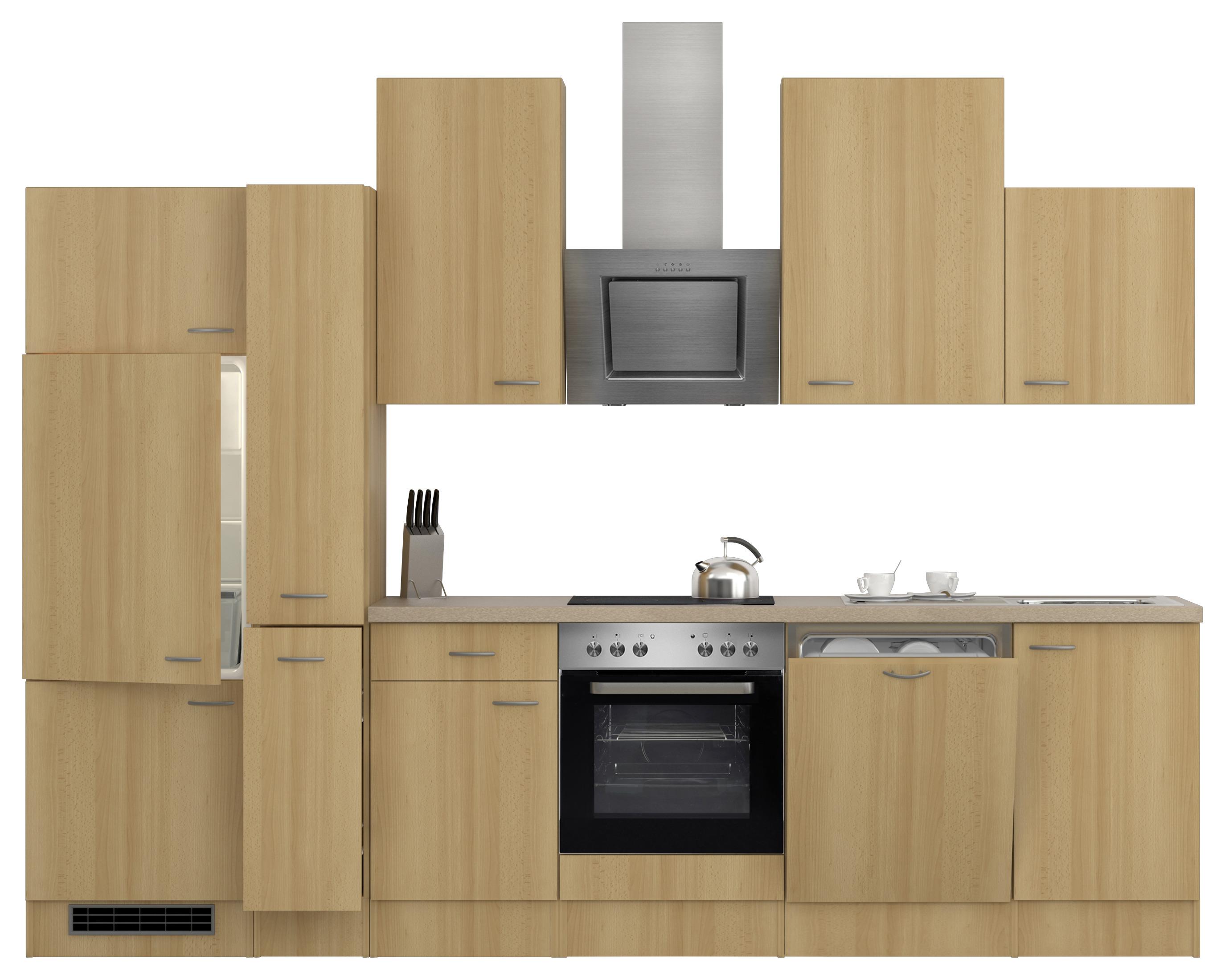 Küchenzeile Nano mit Geräten 310 cm Buche/Creme Dekor - Beige/Buchefarben, MODERN, Holzwerkstoff (310cm) - FlexWell