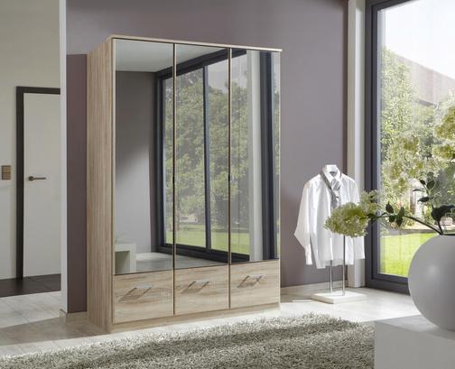 Dreitüriger Kleiderschrank mit Spiegeltüren und Schubladen Dreitüriger Kleiderschrank mit Spiegeltüren und Schubladen