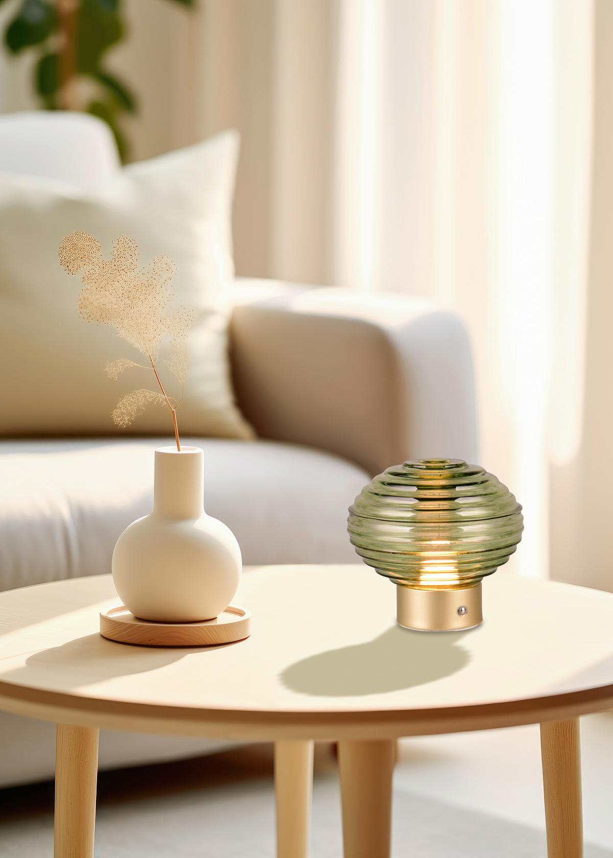 Akku-Tischleuchte R57771115 Earl - Messingfarben/Grün, KONVENTIONELL, Glas/Metall (15,5/14,5cm)