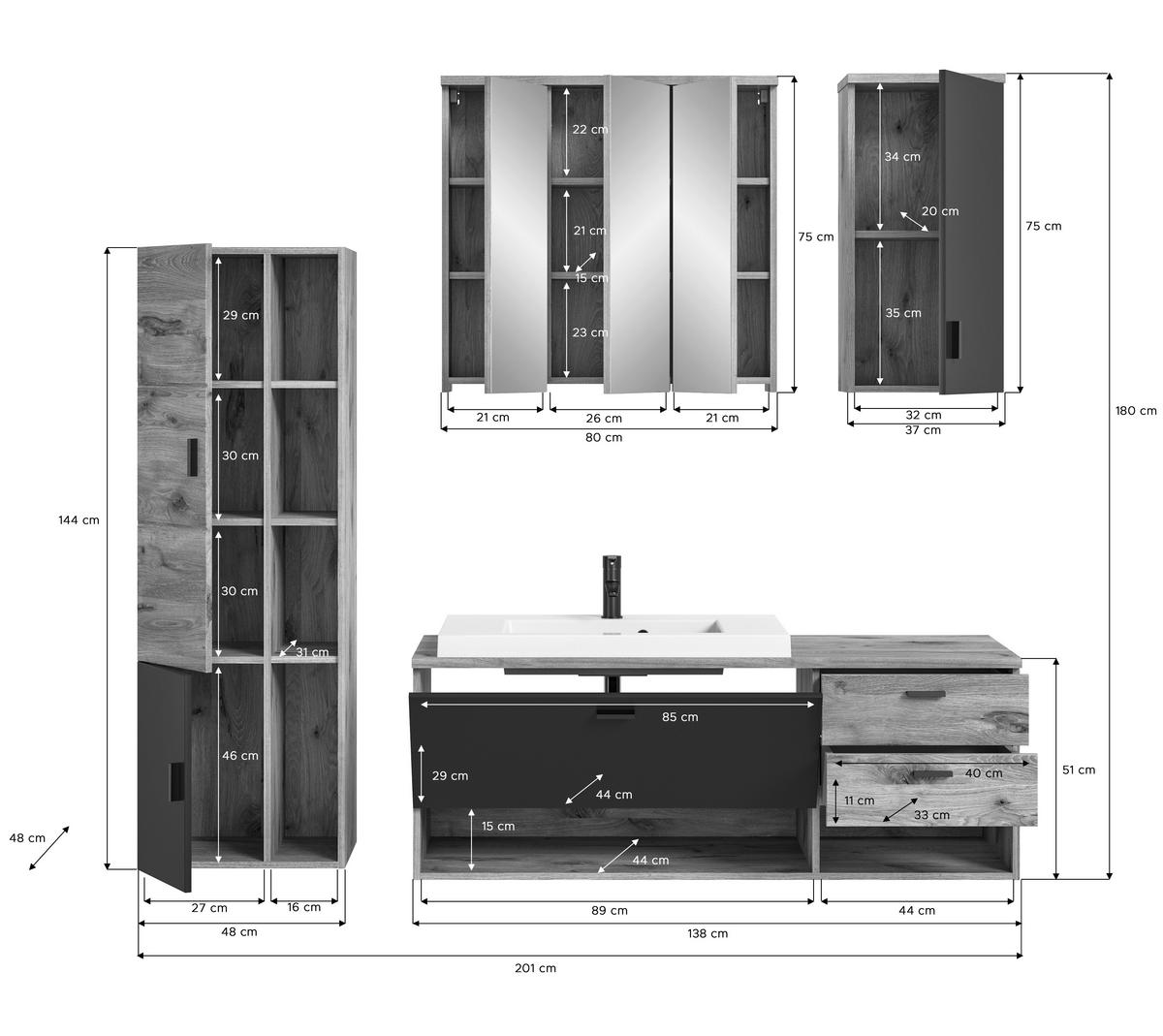 Badezimmer Grado Eiche Dekor/Grau - Weiß Hochglanz/Grau, MODERN, Glas/Keramik (182cm) - MID.YOU