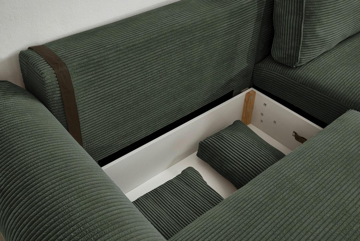 Ecksofa mit Schlaffunktion Angelina Dunkelgrün Kord - Dunkelgrün/Schwarz, Basics, Textil (255/92/185cm) - MID.YOU