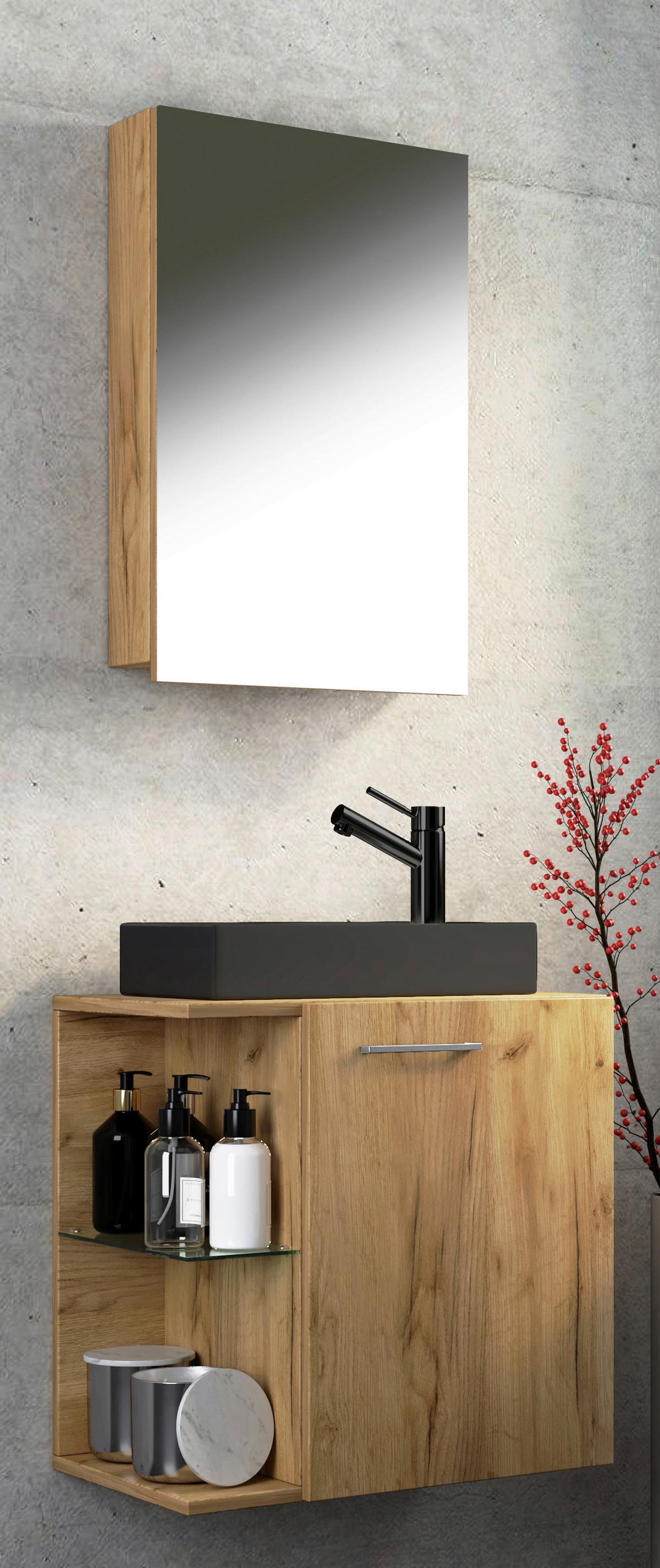 Gästebad Hausa Bl - Honigeiche/Schwarz, MODERN, Glas/Keramik (52cm) - MID.YOU
