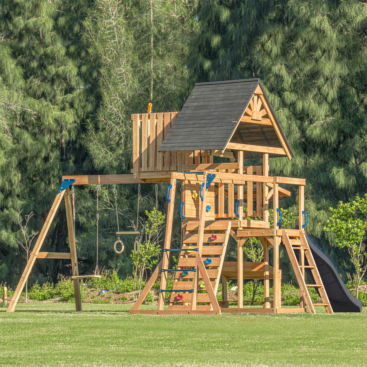 Spielturm Mit Rutsche Grau - Anthrazit/Braun, Basics, Holz/Kunststoff (482/500/338cm) - Ambia Garden