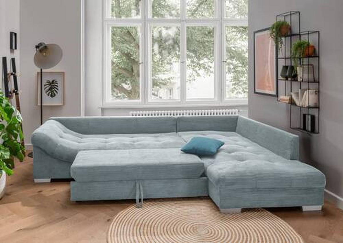 Rohová sedačka ALVITO, pravá, světle modrý manšestr - petrolej/barvy stříbra, Design, dřevo/textil (298/202cm) - MID.YOU