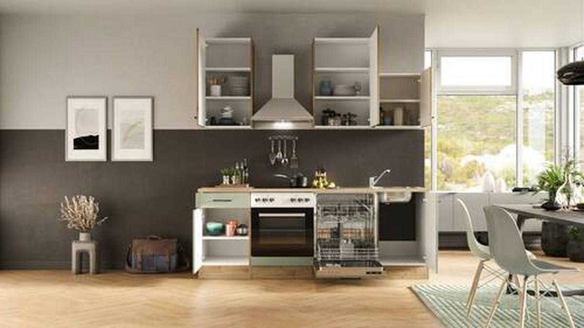 Küchenblock Cara Eiche Artisan/grün B: 220 Cm - Eiche Artisan/Grün, MODERN, Holzwerkstoff (220cm) - FlexWell