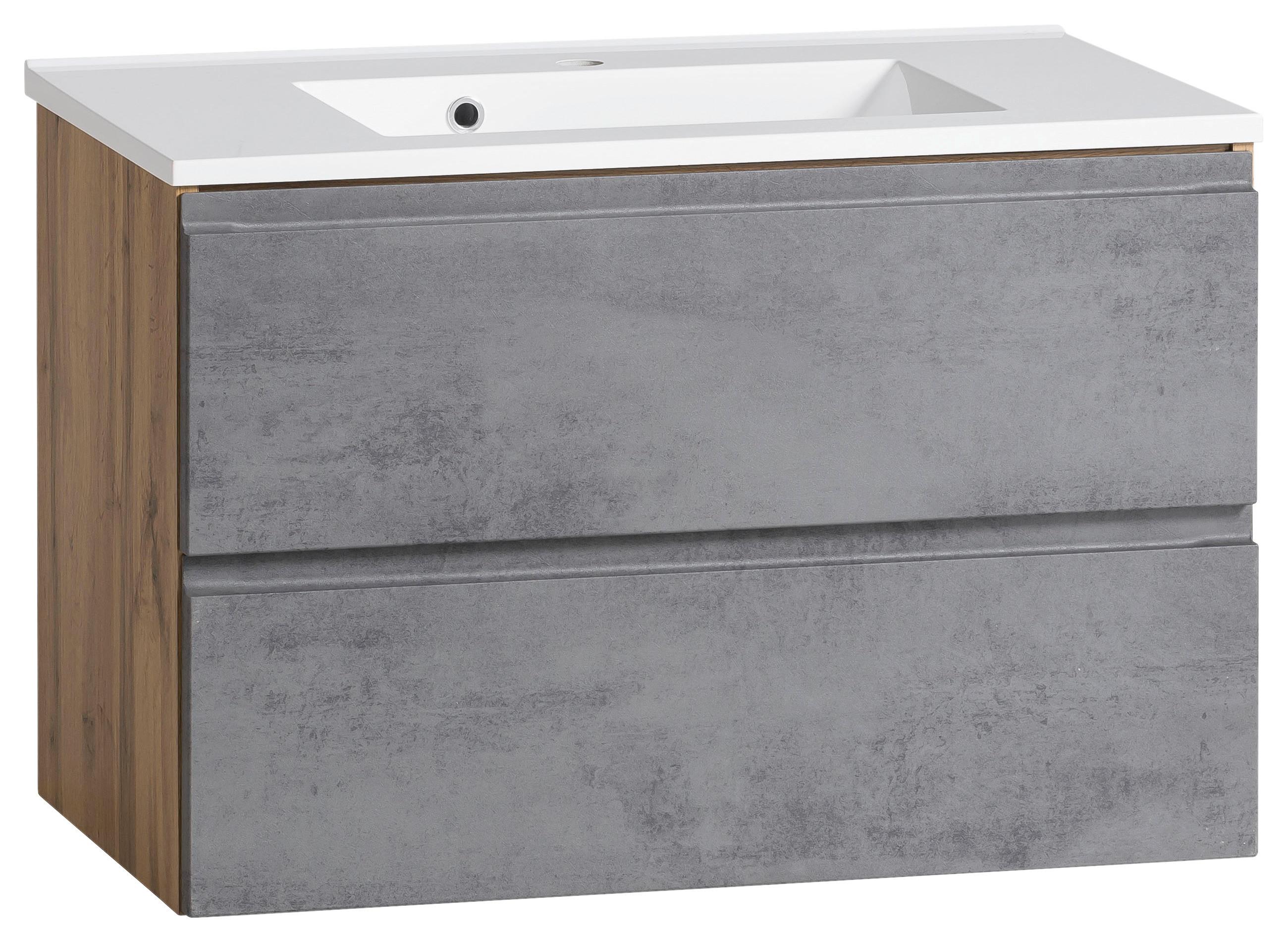 Waschbecken mit Unterschrank Varese B: 80 cm Grau/Eiche - Eiche Wotan/Weiß, MODERN, Holzwerkstoff/Stein (80cm) - Held
