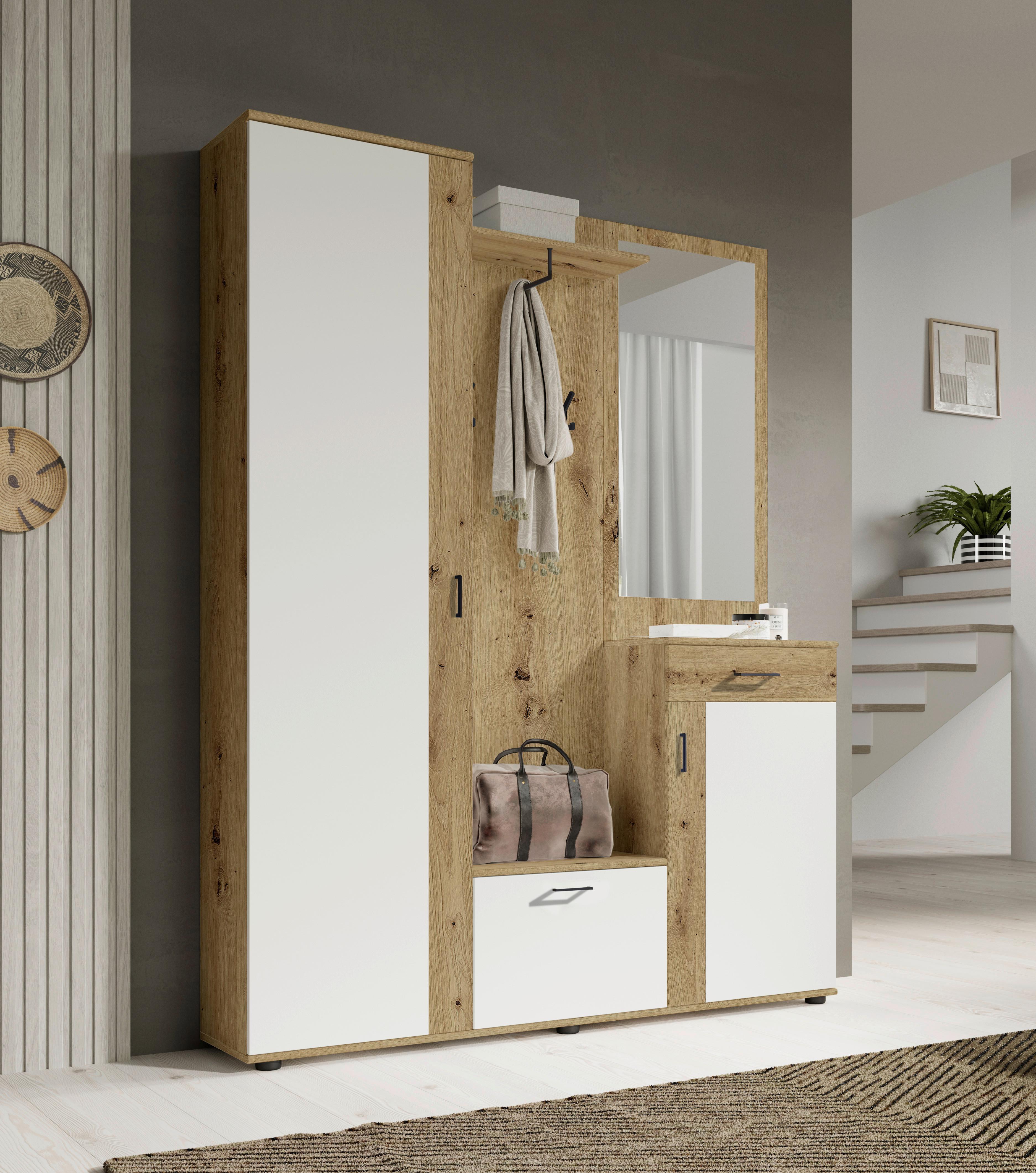 Garderobe Hanna Eiche Artisan/Weiß B: 145 cm - Weiß/Eiche Artisan, Design, Holzwerkstoff (145/184/29cm) - MID.YOU