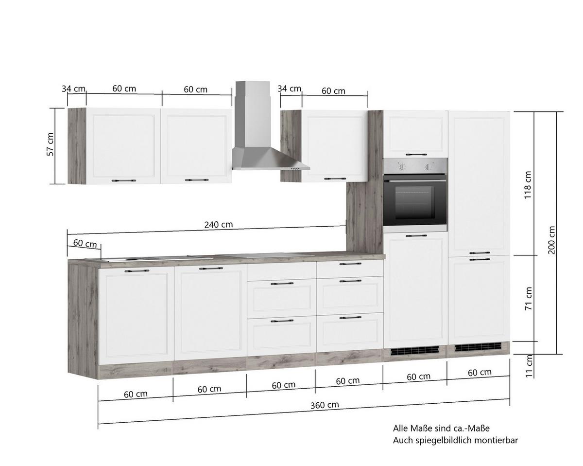 Küchenzeile Meran Mit Geräten B: 360 Cm Weiß/eiche Dekor - Eiche Wotan/Weiß, LIFESTYLE, Holzwerkstoff (360cm) - Frommholz