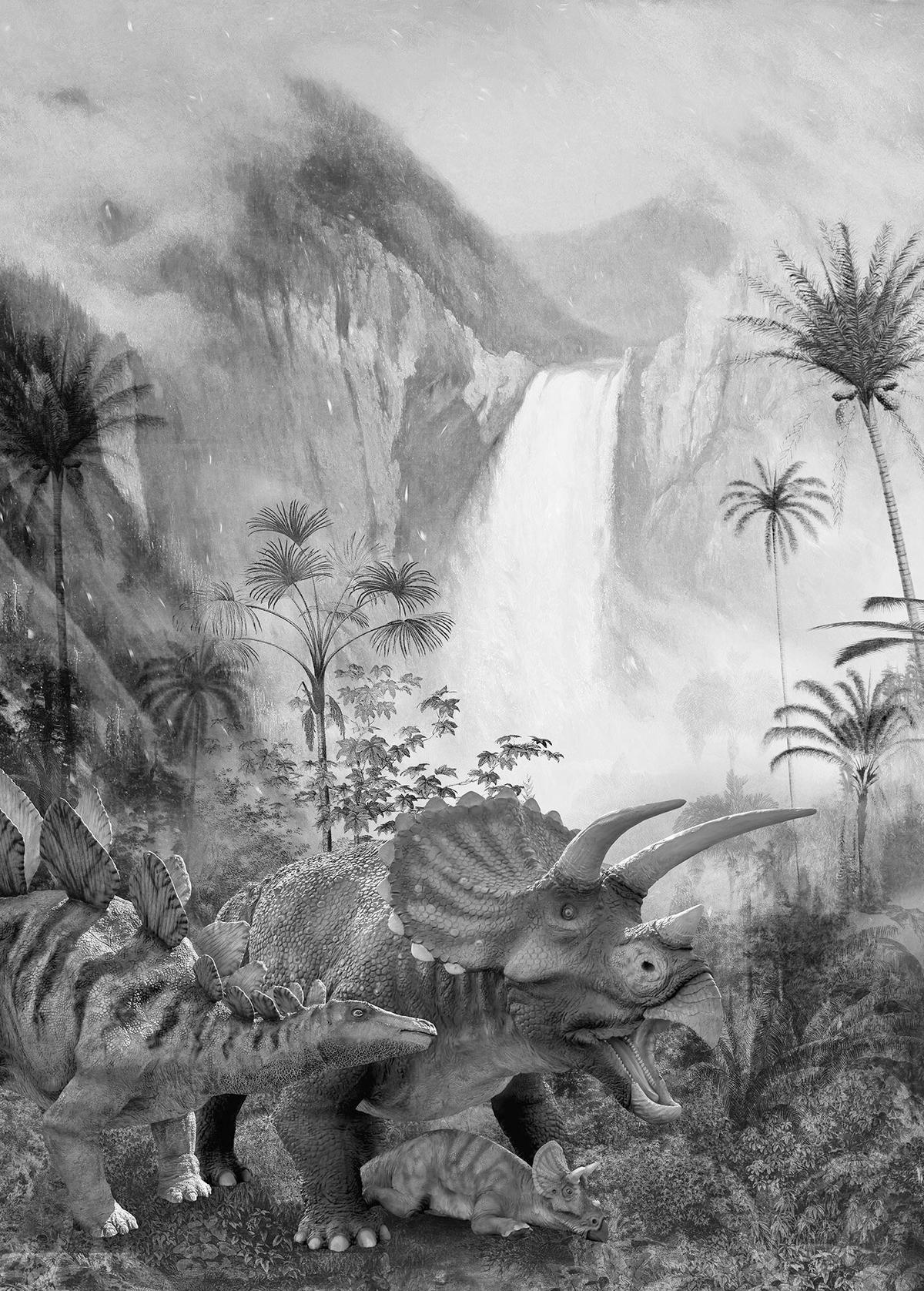 Fototapete Jurassic Waterfall - Schwarz/Weiß, Trend, Papier (200/280cm)