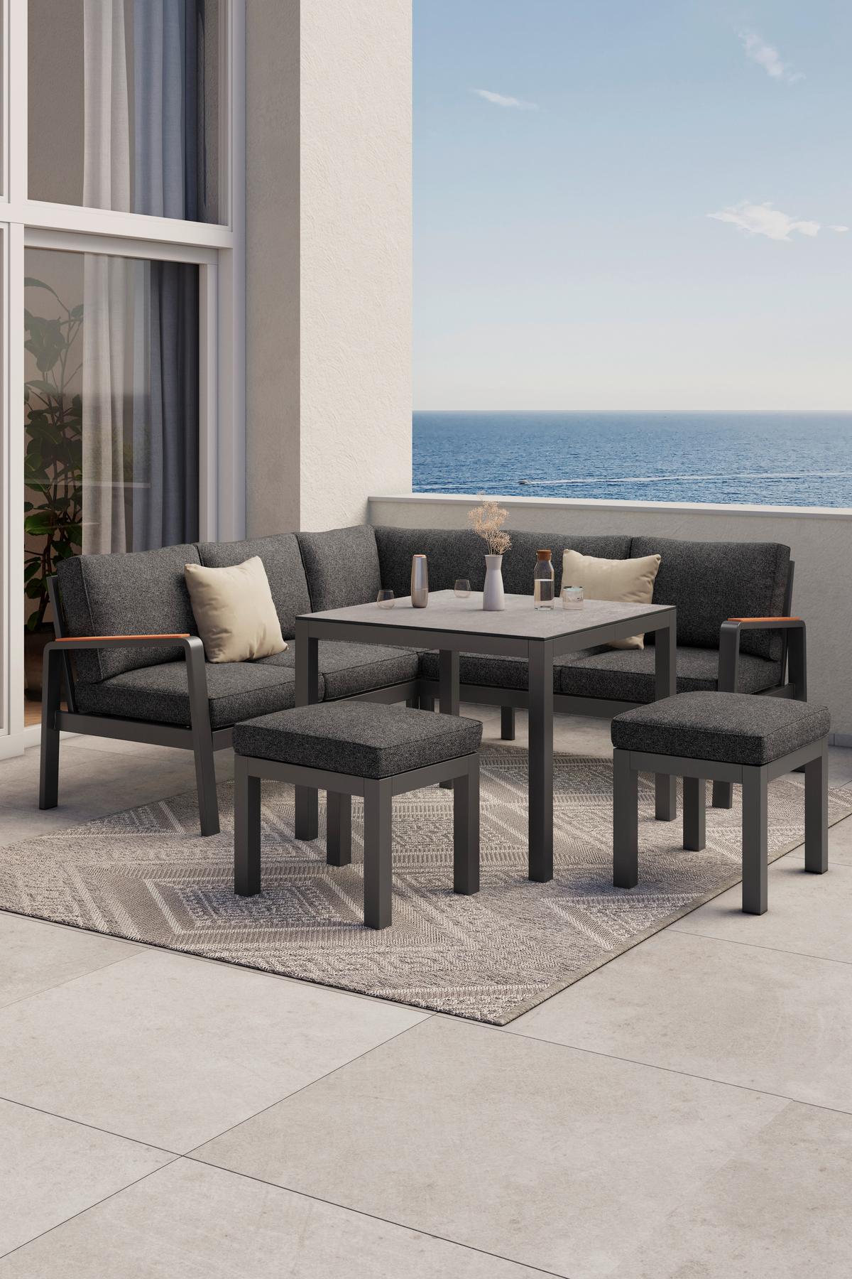 Loungegarnitur 4-Tlg Sorrent Metall/Textil/Glas mit Kissen - Anthrazit/Schwarz, MODERN, Keramik/Textil (193/193cm) - Beldano