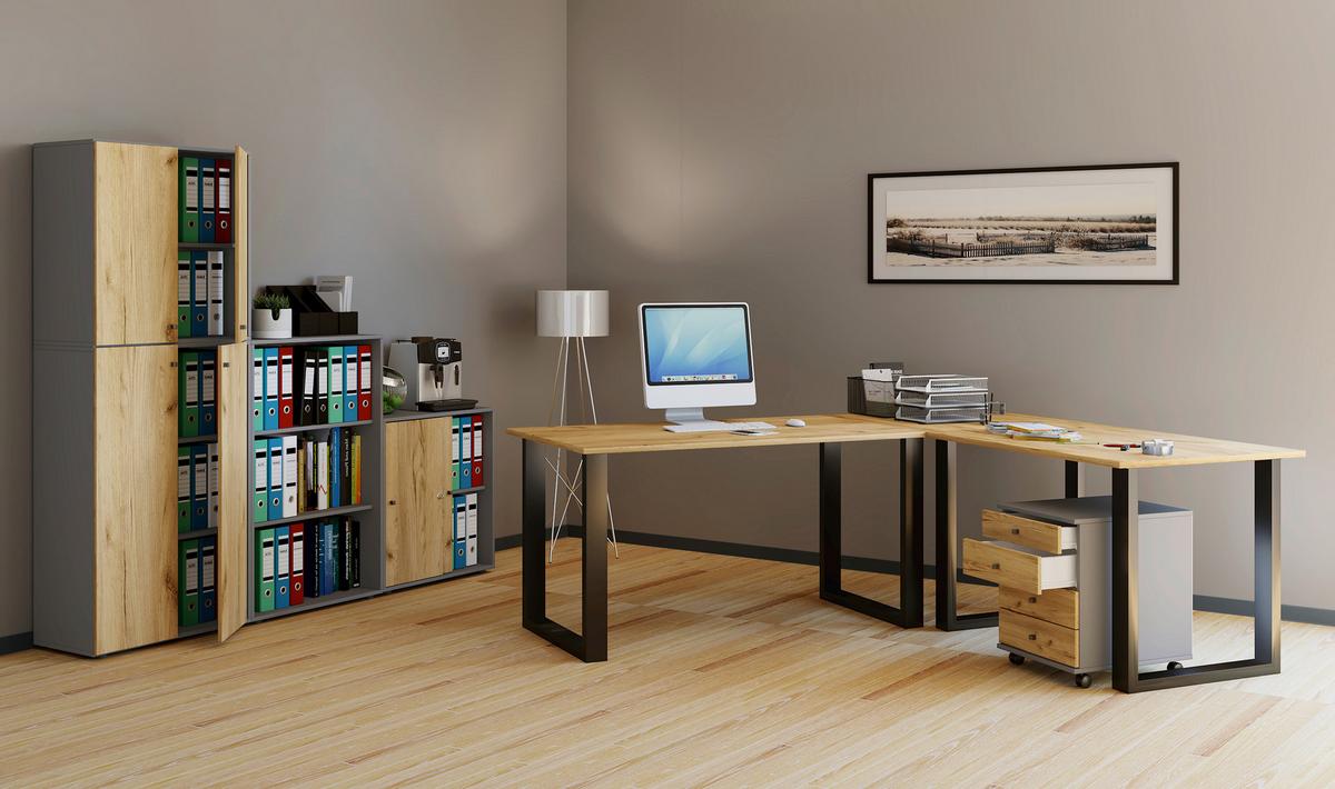 Eckschreibtisch Lona Schwarz/eiche Dekor L: 190cm - Honigeiche/Schwarz, Design, Holzwerkstoff/Metall (190/160/76cm) - MID.YOU