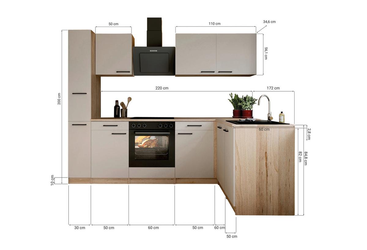 ECKKÜCHE Merle, Kaschmir S: 250x172cm - Kaschmir/Eichefarben, Trend, Holzwerkstoff (250/172cm) - Respekta