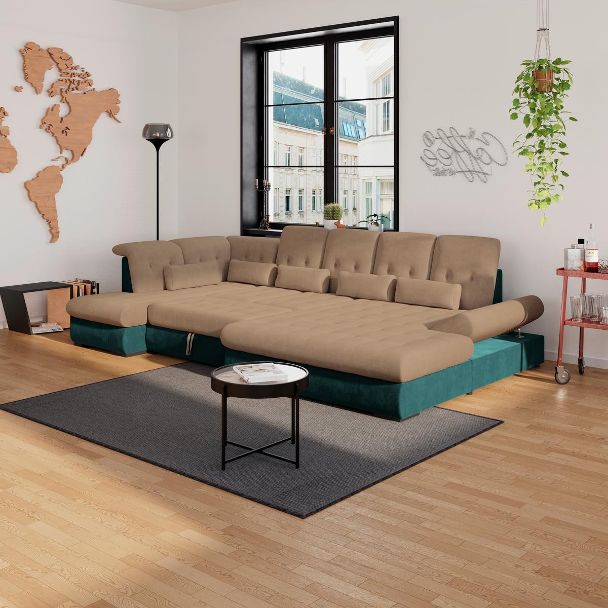 Wohnlandschaft Madera Dunkelbraun U: 212x358x190 cm - Türkis/Dunkelbraun, KONVENTIONELL, Kunststoff/Textil (212/358/190cm)