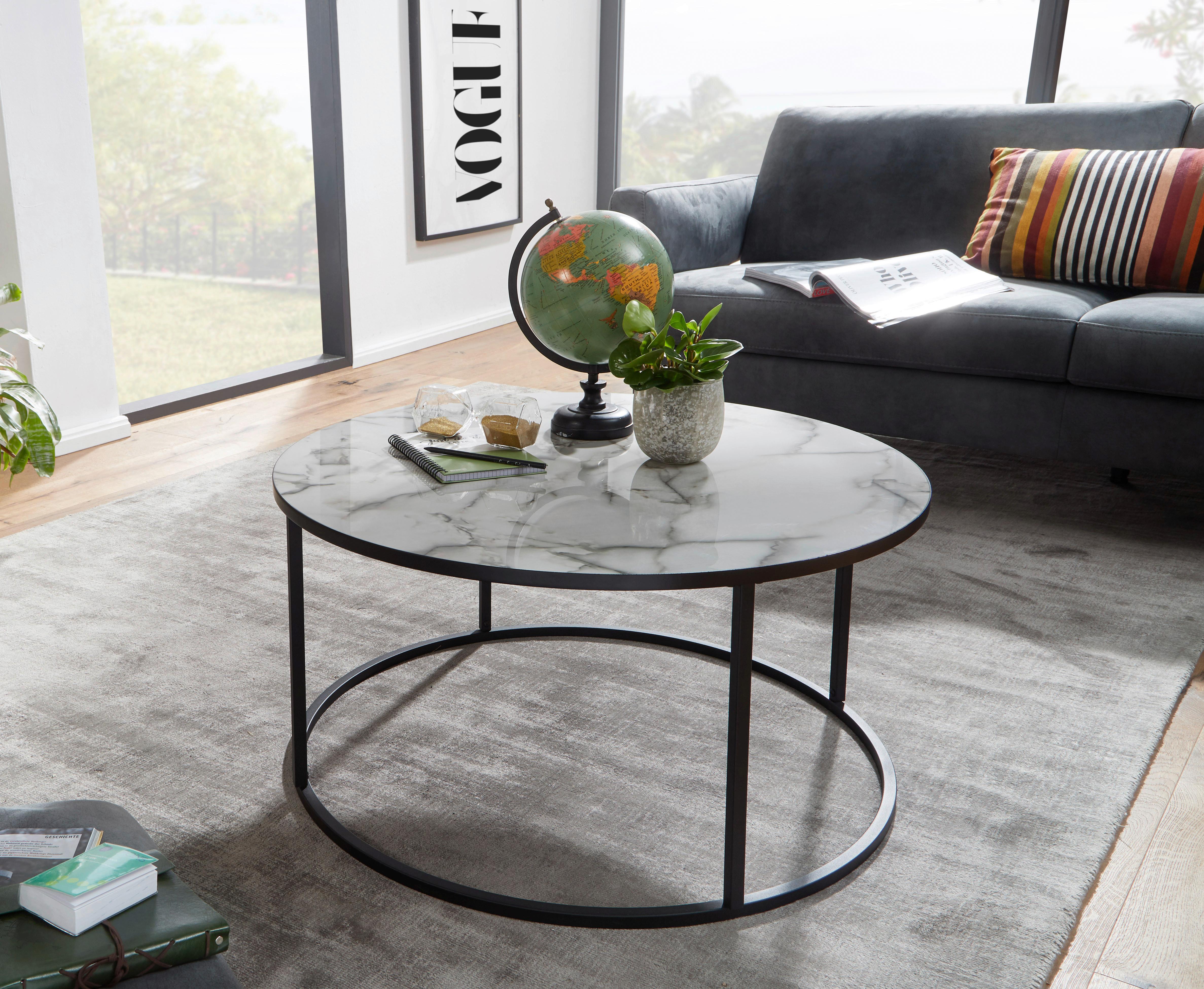 Couchtisch In Marmoroptik Rund Mit Stahlgestell Weiß/schwarz - Schwarz/Weiß, KONVENTIONELL, Holzwerkstoff/Metall (80/38cm) - MID.YOU