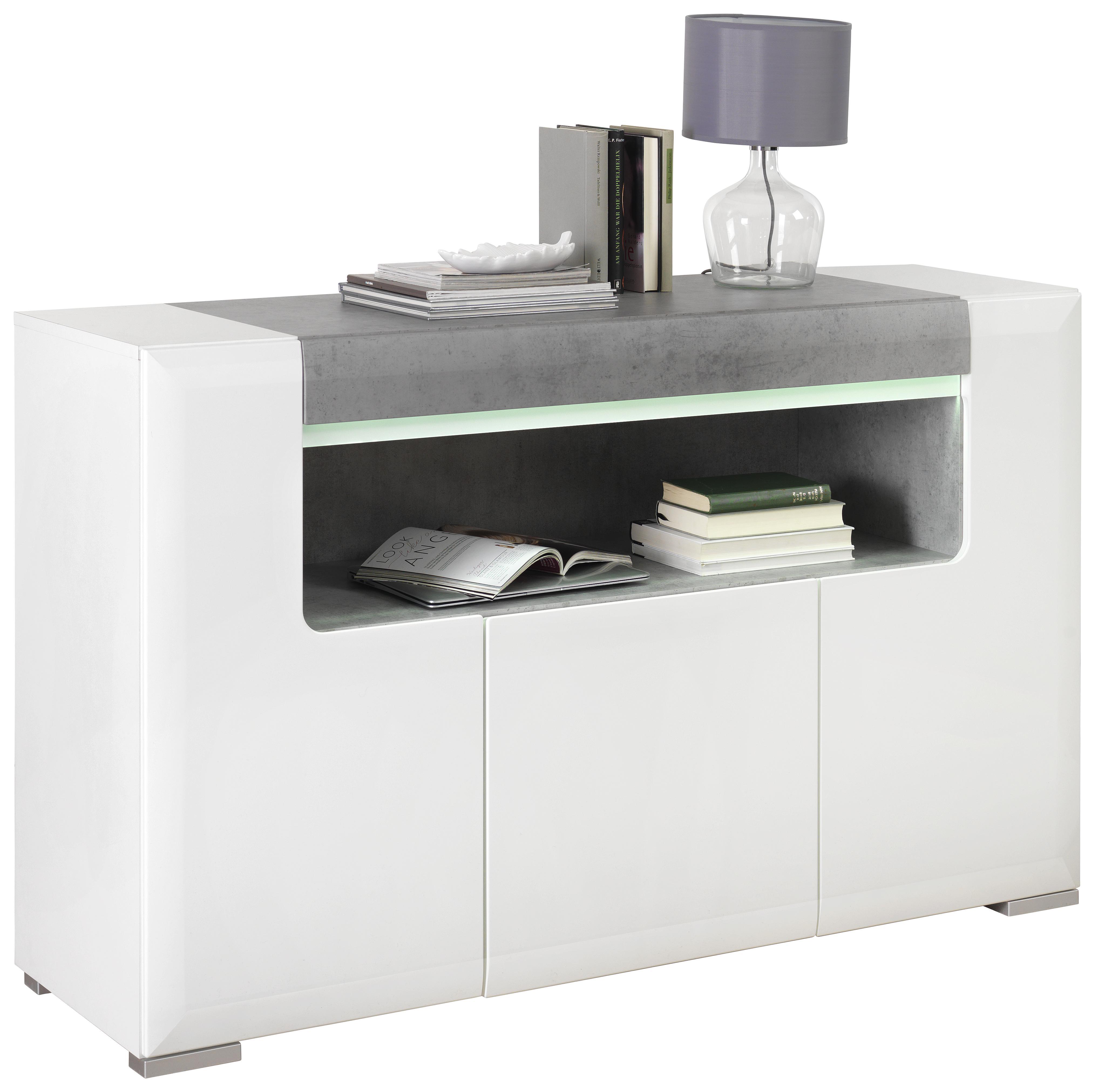 Sideboard Toronto B:140cm Betonoptik Hell/Weiß Hochglanz - Silberfarben/Hellgrau, MODERN, Holzwerkstoff (140/85/42,2cm) - Ombra