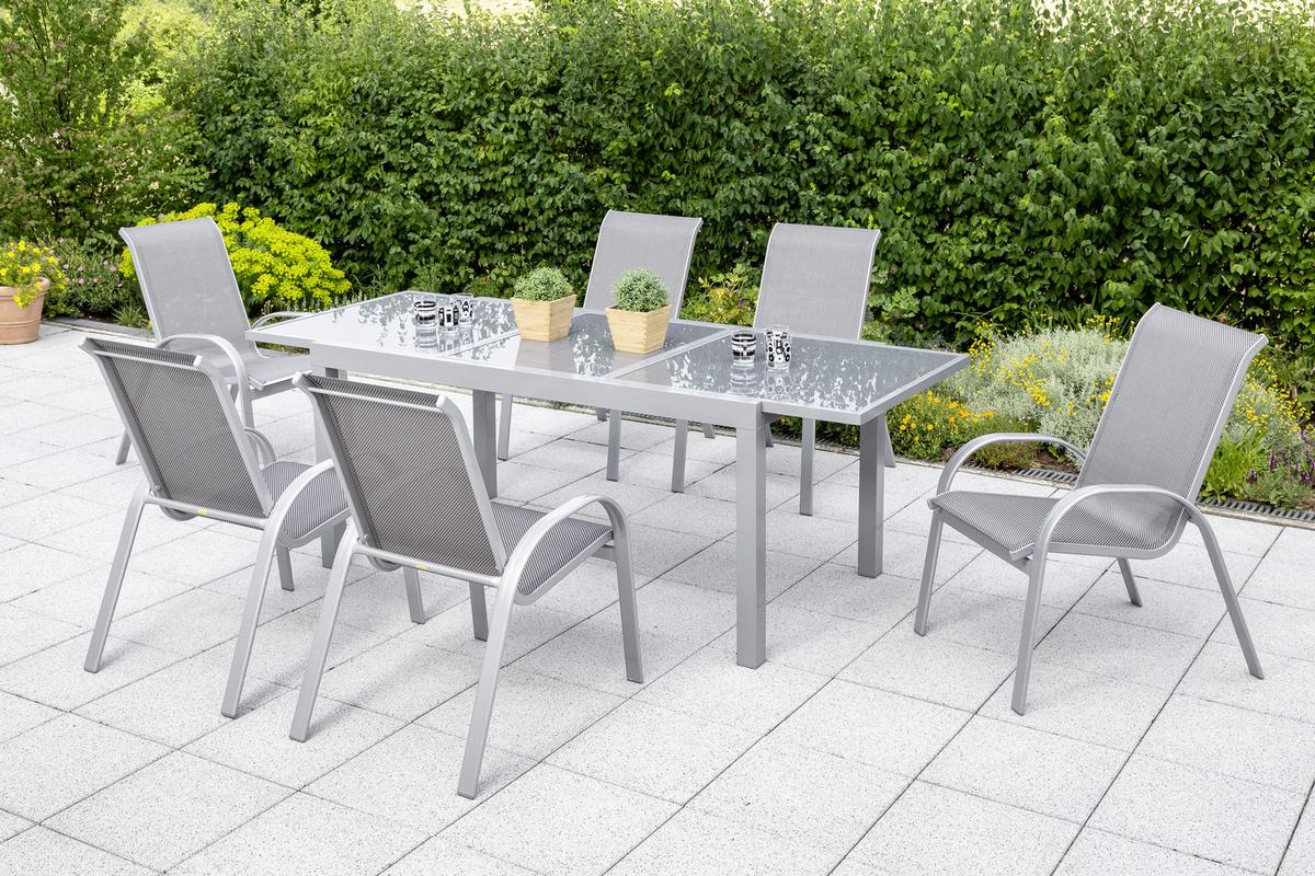 Gartengarnitur 7-Tlg. Amalfi Alu/Glas/Kunststoff - Silberfarben/Braun, KONVENTIONELL, Glas/Textil - Gardenson