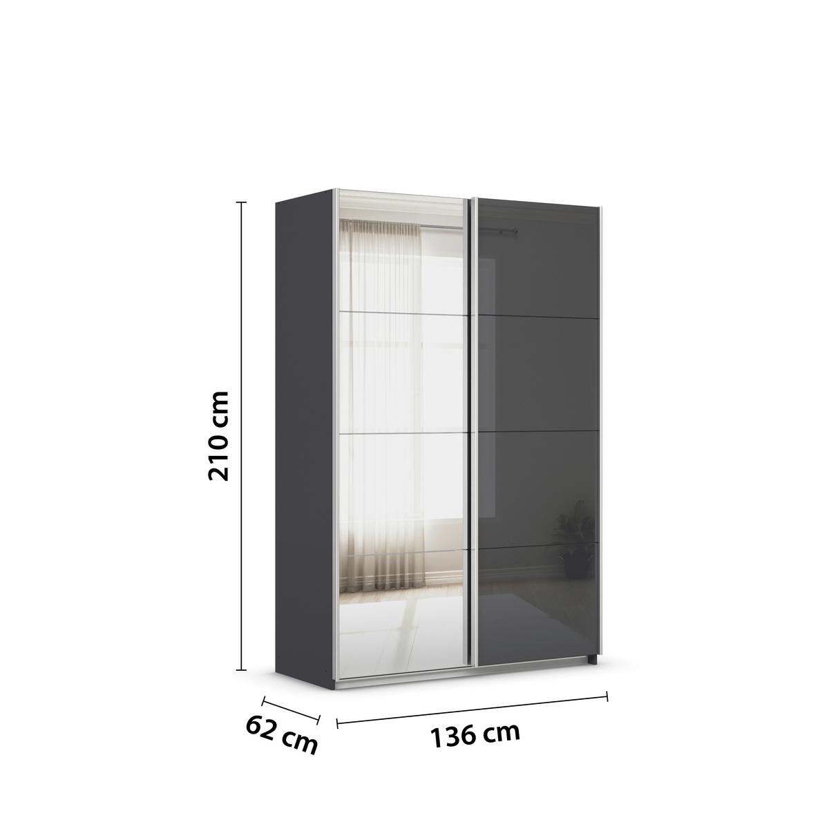 Tolóajtós Szekrény Feldkirch 136/210 Cm - ezüst/magasfényű antracit, Modern, faalapú anyag/Üveg (136/210/62cm)