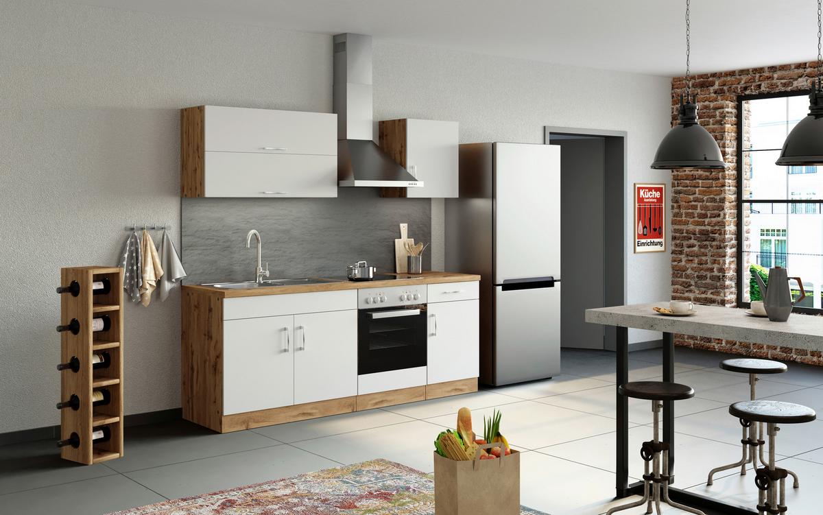 Küchenzeile Sorrento ohne Geräte 210 cm Weiß/Eiche Dekor - Eichefarben/Eiche Wotan, MODERN, Holzwerkstoff (210cm) - Held