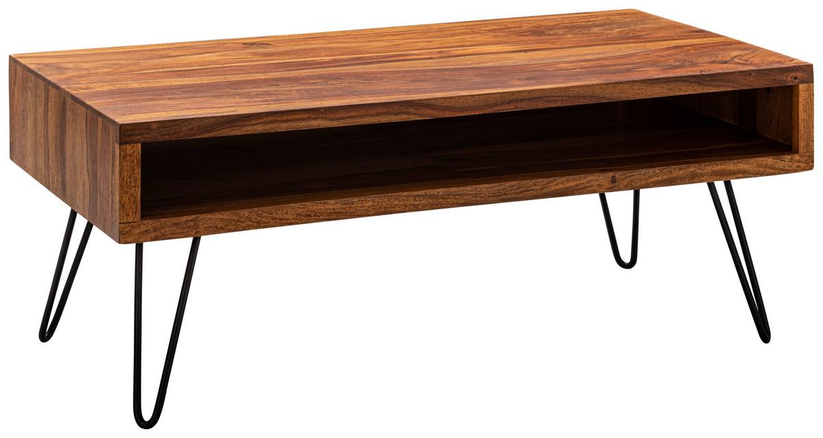 Couchtisch Holz mit Massiver Tischplatte + Ablage, Sheesham - Sheeshamfarben/Schwarz, MODERN, Holz/Metall (100/50/40cm) - MID.YOU