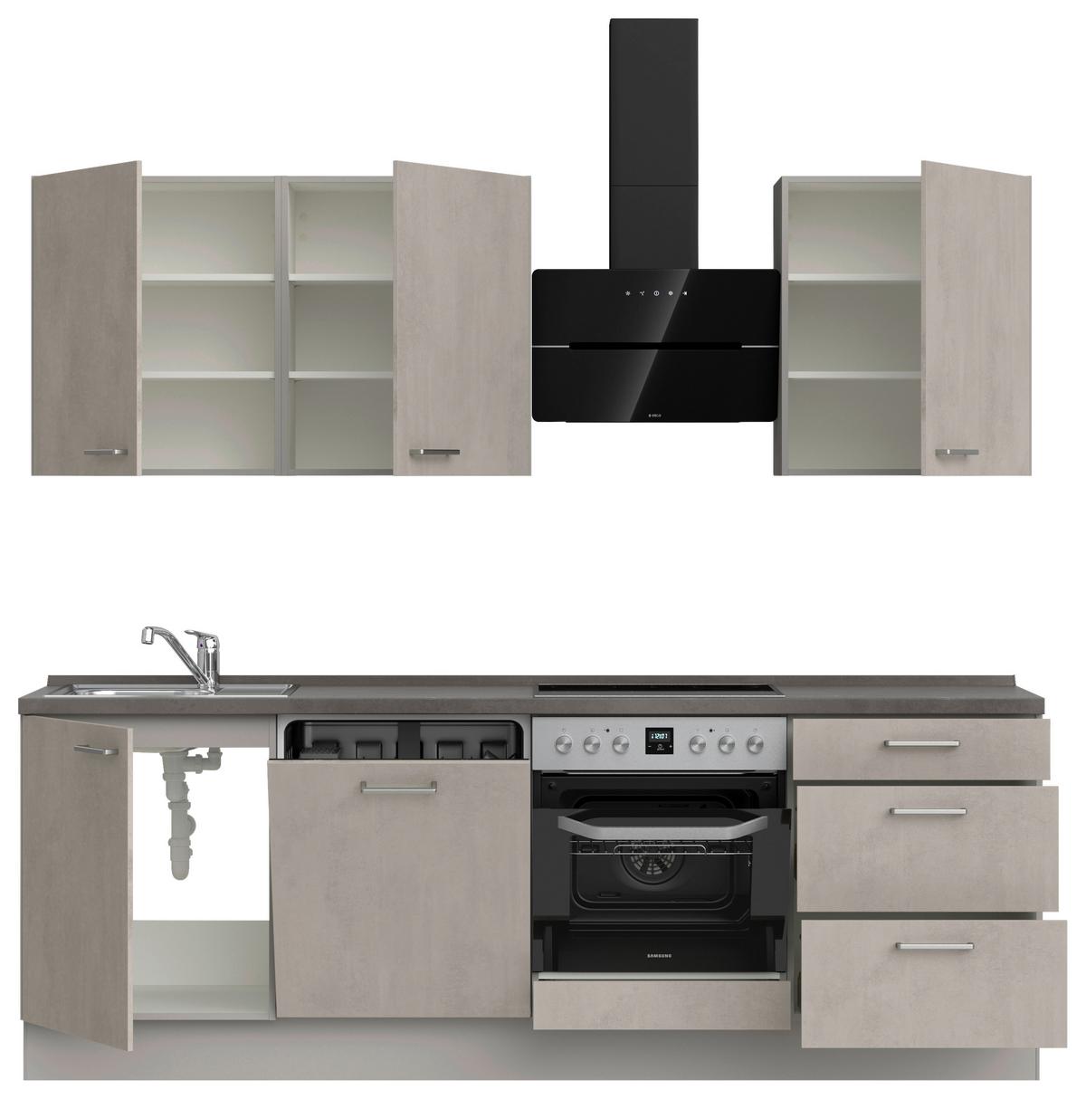 Kuchynská linka 240 cm, šedý betón/ kamenná šedá - sivá/farba ušľachtilej ocele, Modern, kov/kompozitné drevo (240cm) - Nobilia