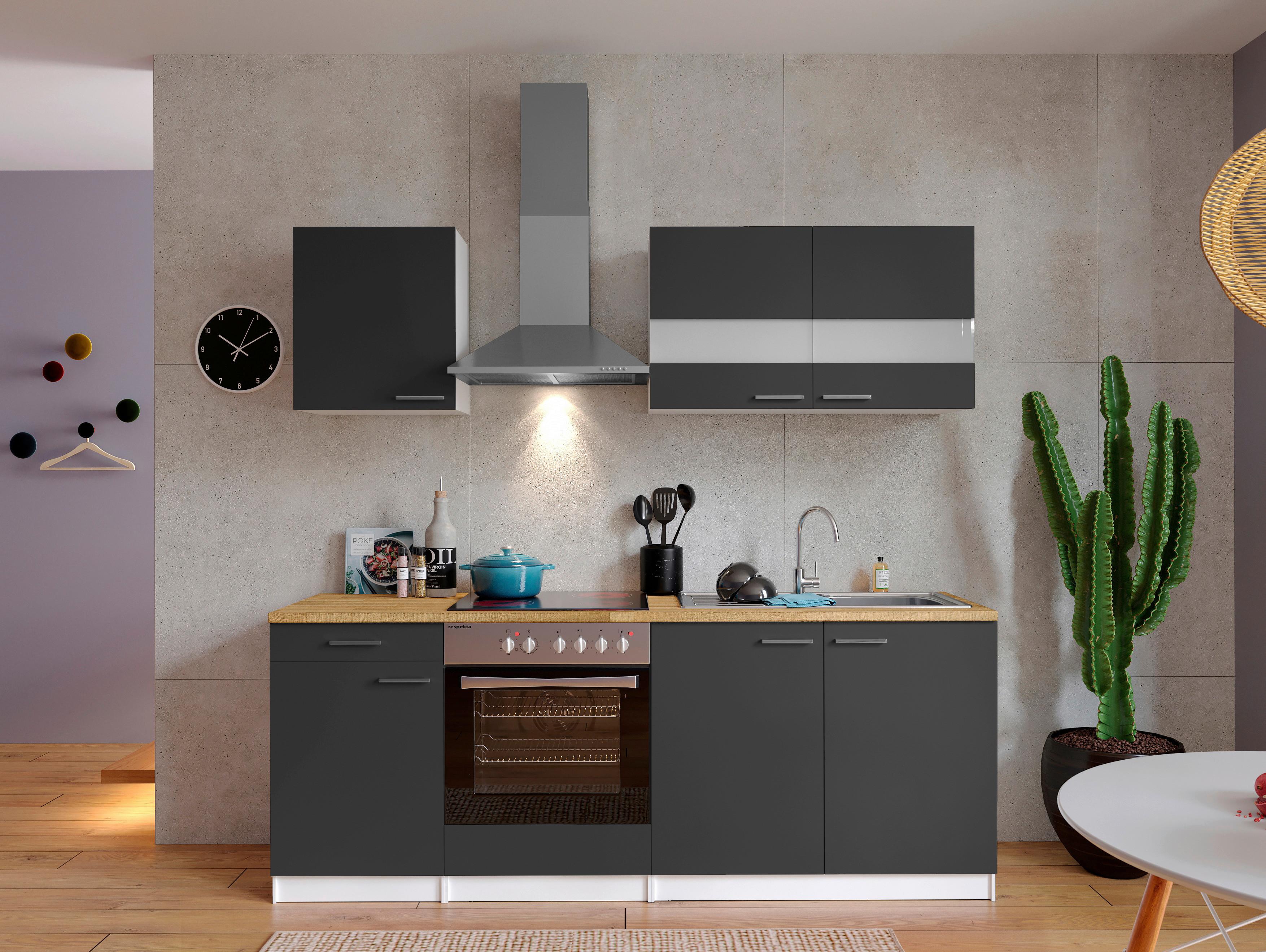Küchenzeile Economy mit Geräten 210 cm Grau/Nussbaum Dekor - Nussbaumfarben/Weiß, Basics, Holzwerkstoff (210cm) - Respekta