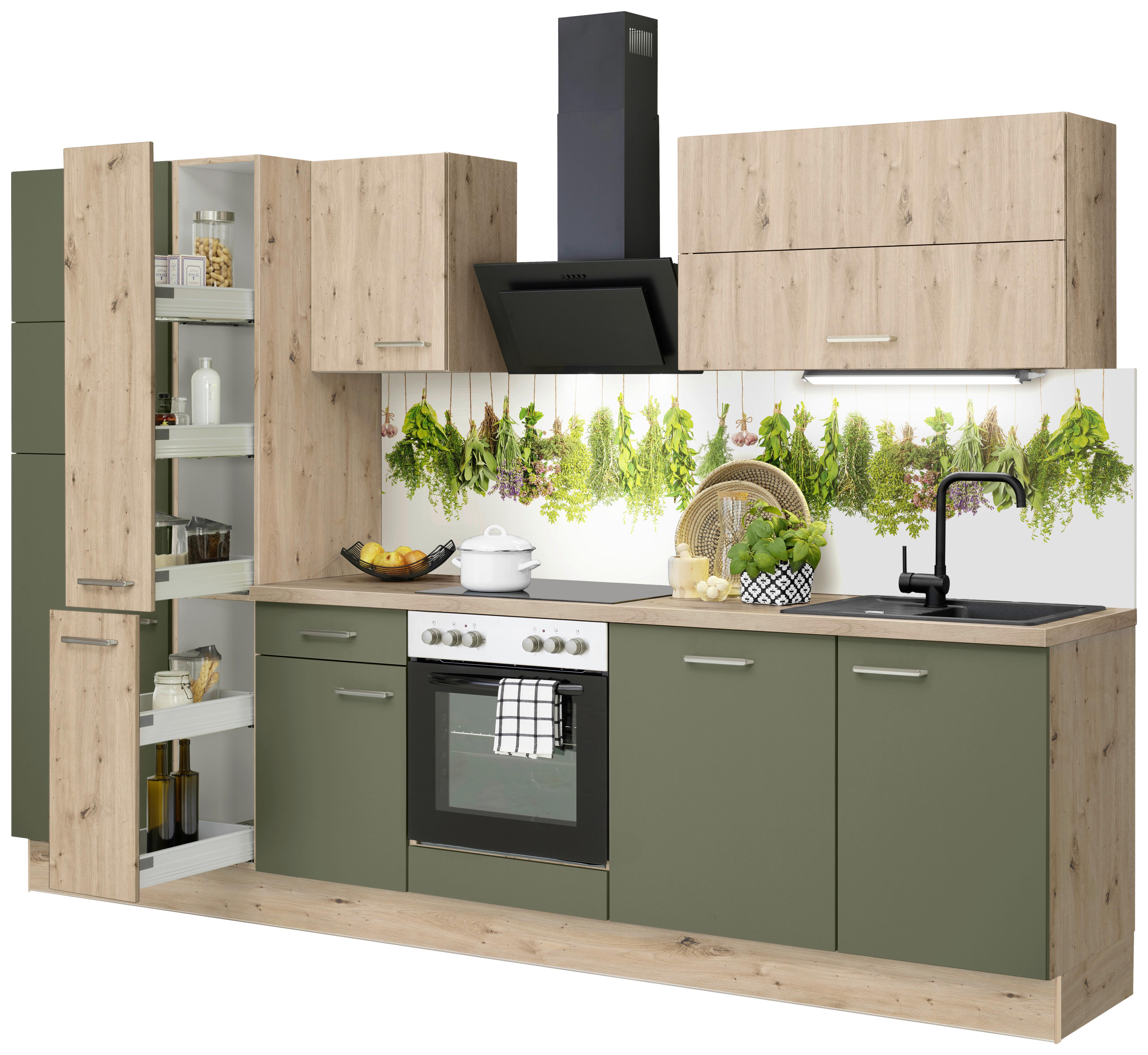 Küchenzeile Ip1200 mit Geräten 310 cm Terra Opal/Eichefarben - Eichefarben, Basics, Holzwerkstoff (310cm) - Impuls