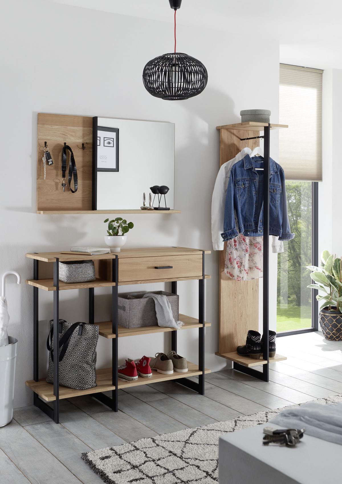 Konsolentisch Mit Ablagefach Paco, Eichefarben/schwarz - Eichefarben/Schwarz, Natur, Holz/Metall (110/93,5/40cm) - Livetastic