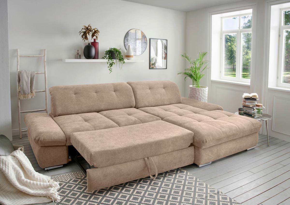 Ecksofa Dalida Hellbraun S: 300x196 cm - Chromfarben/Hellbraun, MODERN, Textil (300/196cm) - Livetastic