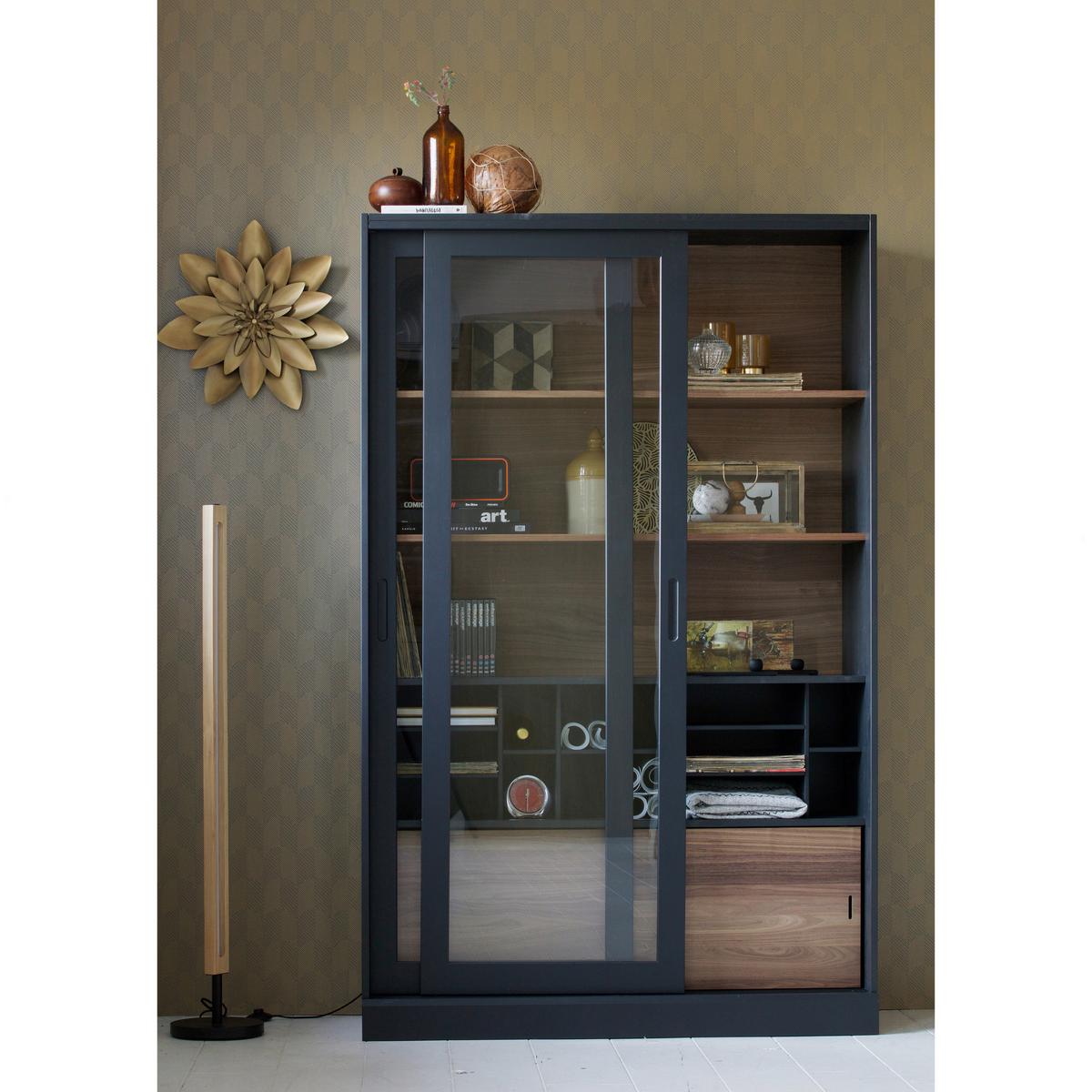 Vitrine James Schwarz/walnussfarben B: 125cm - Nussbaumfarben/Walnussfarben, Design, Glas/Holz (125/200/57cm) - Livetastic