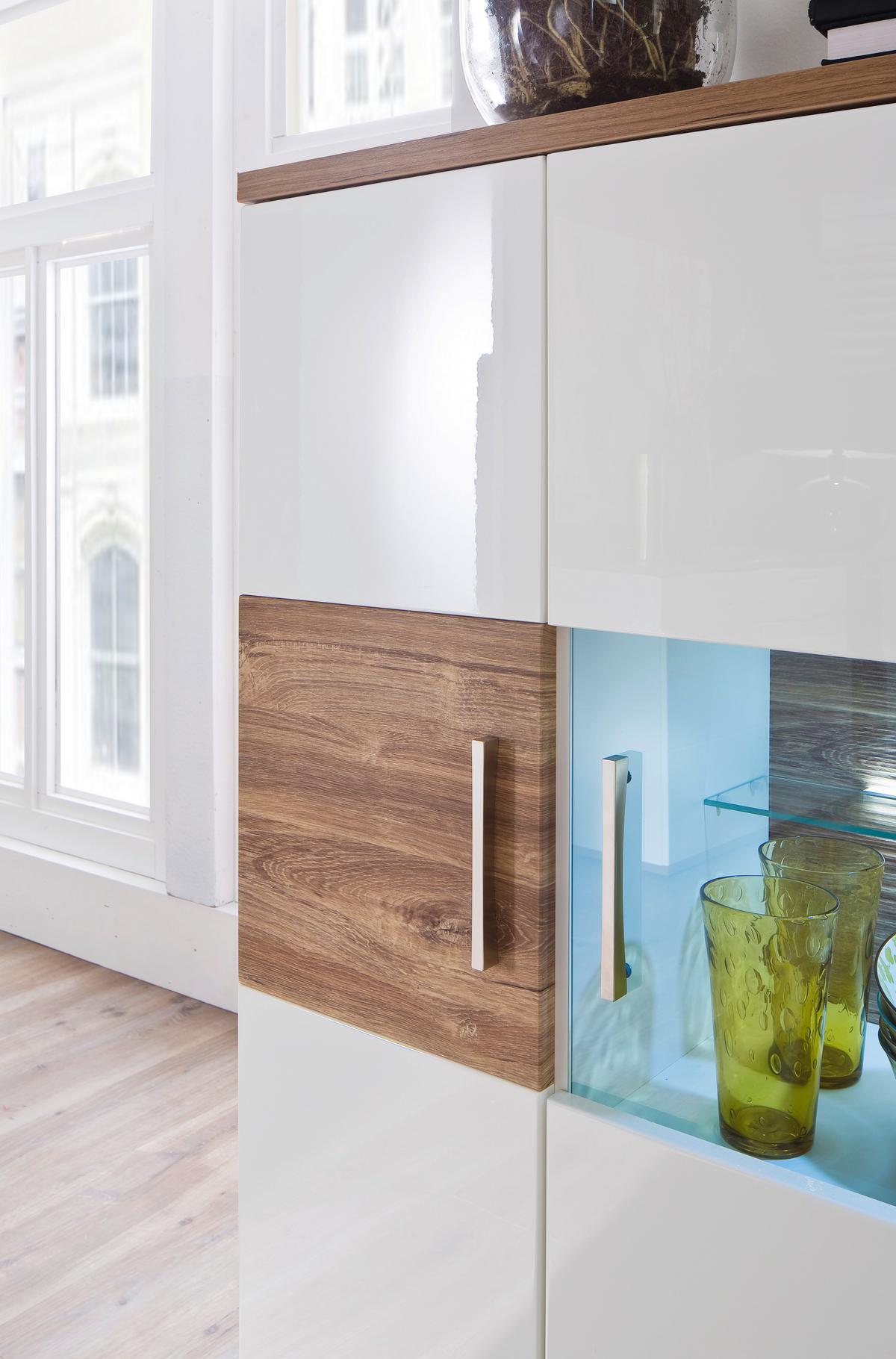 Highboard B: 120 Cm Luzern Weiß/eichefarben - Eichefarben/Weiß, Design, Glas/Holzwerkstoff (120/135/37cm) - Livetastic