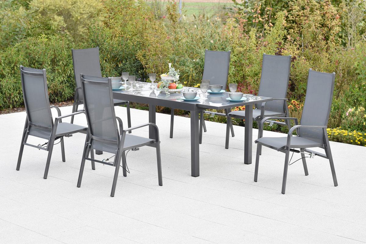 Gartentischgruppe Alassio 7--Teilig. Aus Aluminium - Graphitfarben/Grau, KONVENTIONELL, Glas/Textil - Gardenson