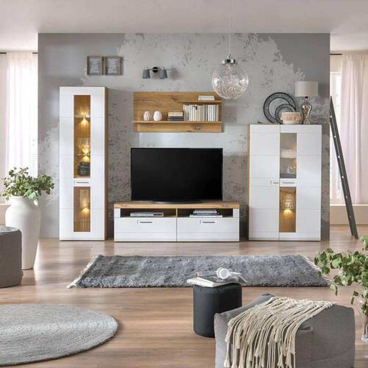 Wohnkombination 4-Tlg. Auris, Weiß/Eiche Dekor - Eichefarben/Weiß, MODERN, Glas/Holzwerkstoff (318,2/204,2/49,6cm) - Luca Bessoni