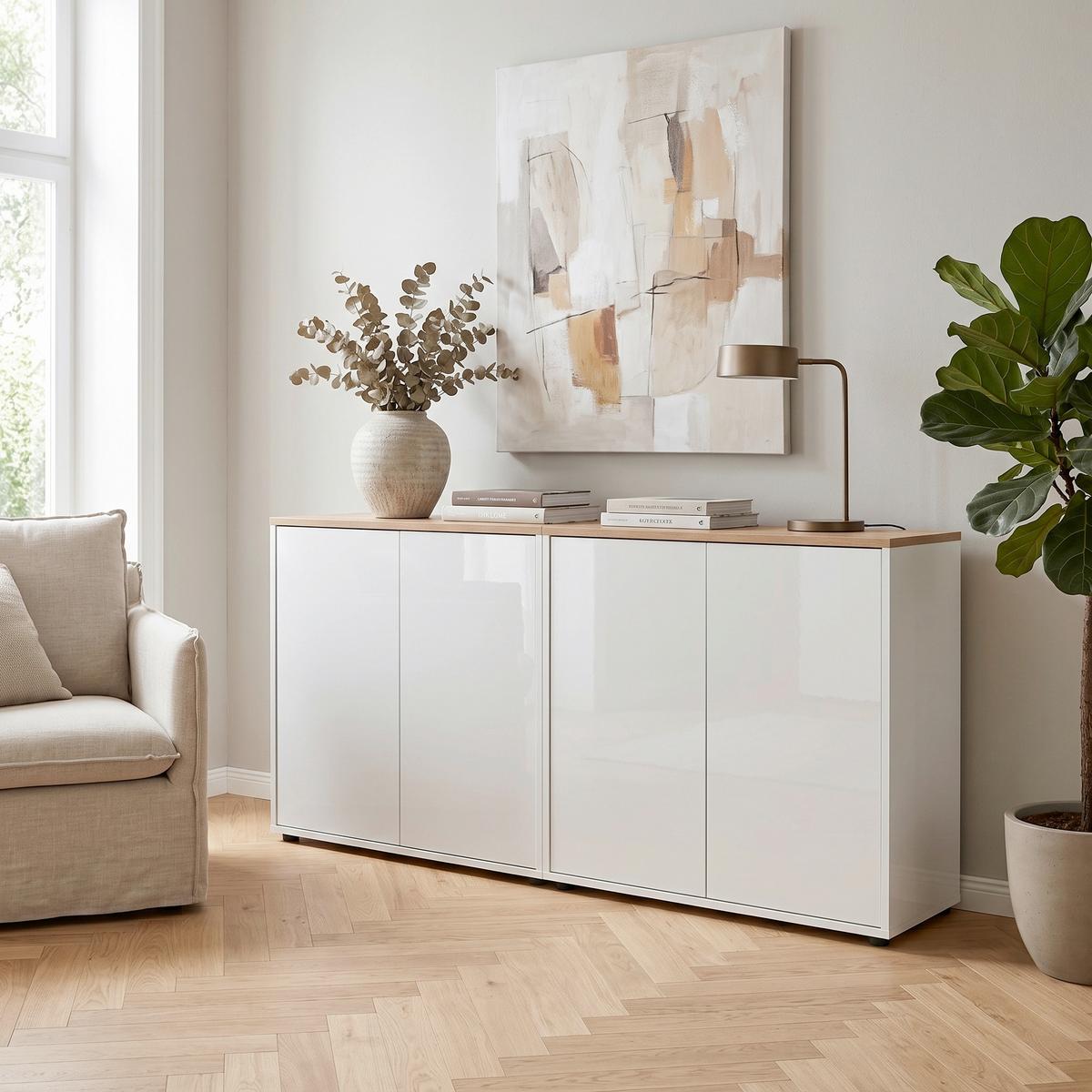 SIDEBOARD Mailand 2 B: 158 cm Weiß - Weiß Hochglanz/Schwarz, MODERN, Holzwerkstoff (158/73/33cm) - MID.YOU