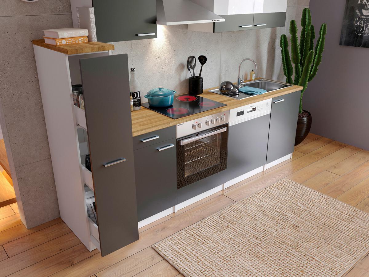 Küchenzeile Economy M. Geräten 250 Cm Grau/nussbaum Dekor - Nussbaumfarben/Weiß, Basics, Holzwerkstoff (250cm) - Respekta