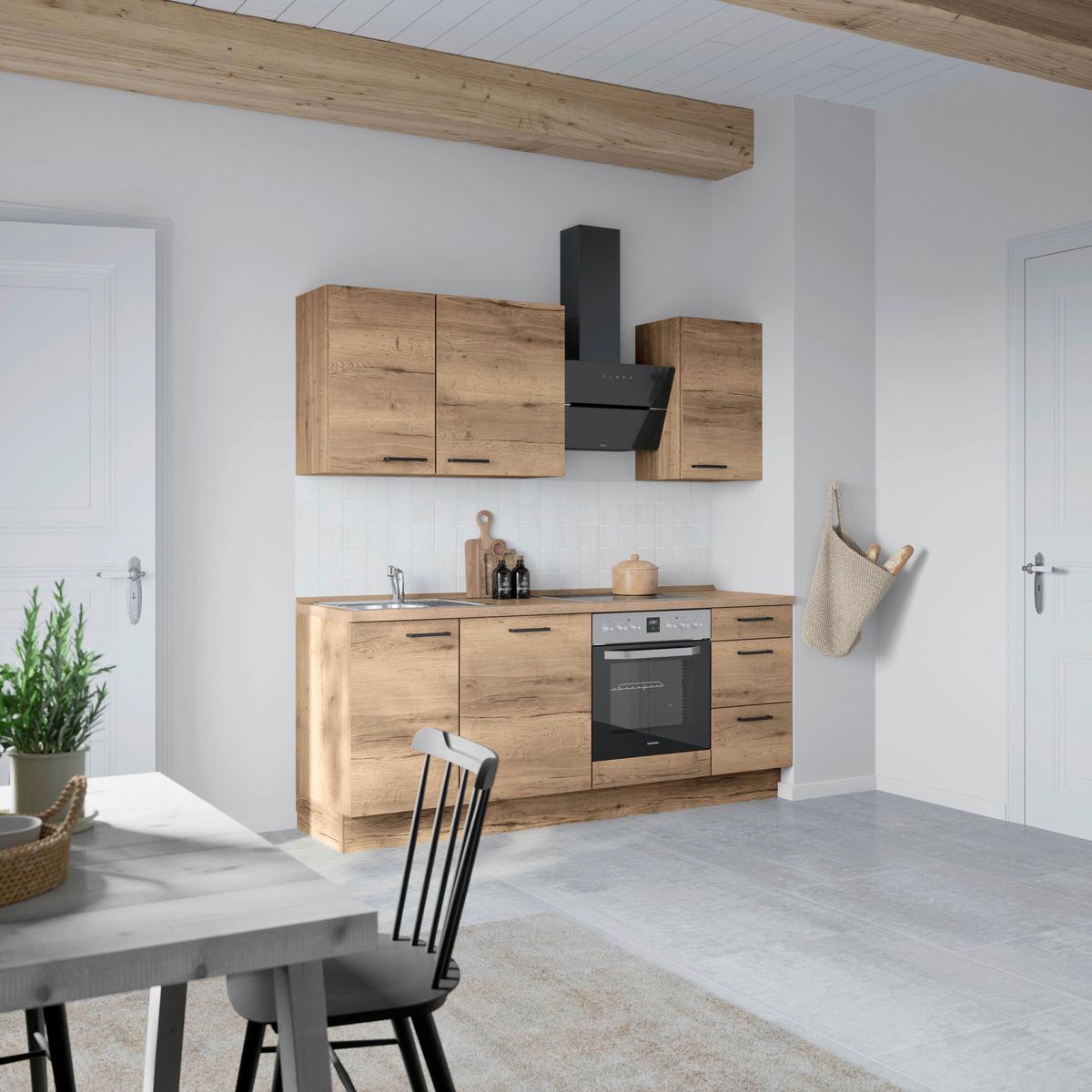 Kuchyňská linka 210 cm, dekor dub Havanna - černá/tmavý dub, Moderní, kov/kompozitní dřevo (210cm) - Nobilia