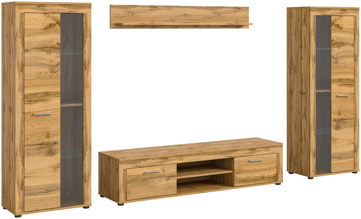 Wohnwand Jam Eiche Wotan Dekor B: 310cm - Eiche Wotan/Schwarz, Design, Glas/Holzwerkstoff (310/159/35cm) - MID.YOU
