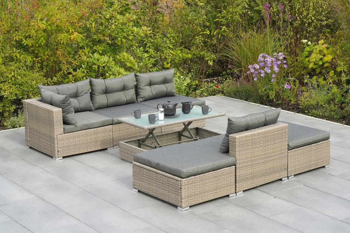 Loungegarnitur 7-Tlg. Vilemanzano aus Kunststoff - Naturfarben/Grau, MODERN, Glas/Kunststoff - Gardenson