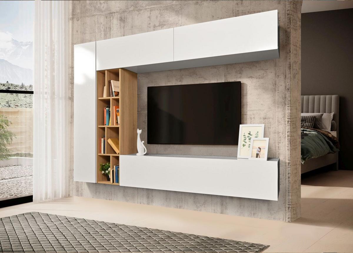 Obývacia stena BRANDY - biela s vysokým leskom/dub sonoma, Modern, kompozitné drevo (224/160/35cm) - Ti'me