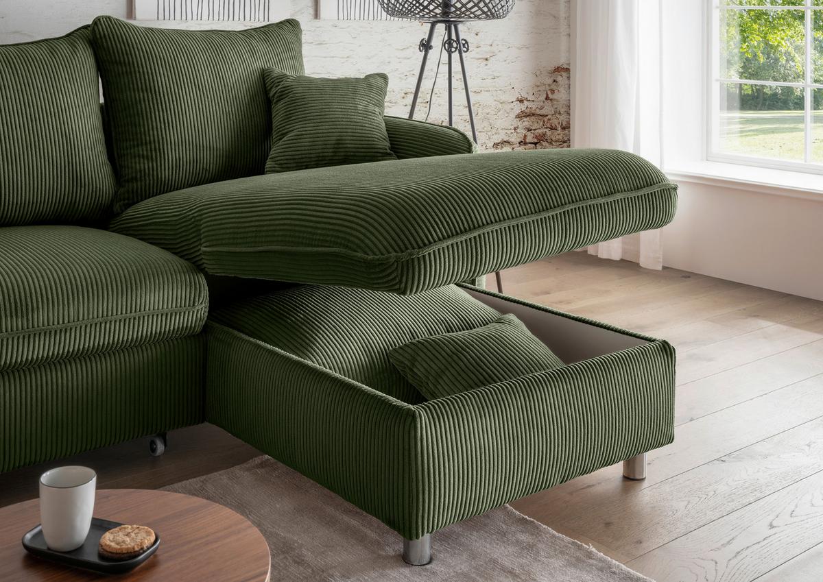Eckschlafsofa Lauritio Dunkelgrün S: 254x160 cm - Chromfarben/Dunkelgrün, MODERN, Textil (254/160cm) - Livetastic