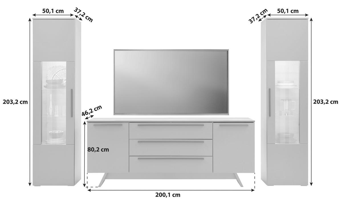 Wohnkombination Modern 3-Tlg. Atlanta Grau/Eiche Dekor - Eichefarben/Silberfarben, MODERN, Glas/Holzwerkstoff (300,3/203,2/46,2cm)