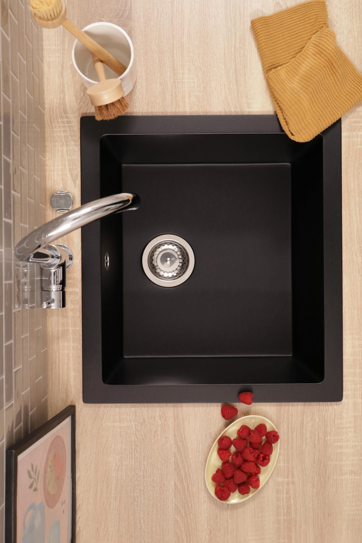 SPÜLE Nelson, Schwarz B: 52 cm - Schwarz, Trend, Stein (52/22/47cm) - Respekta