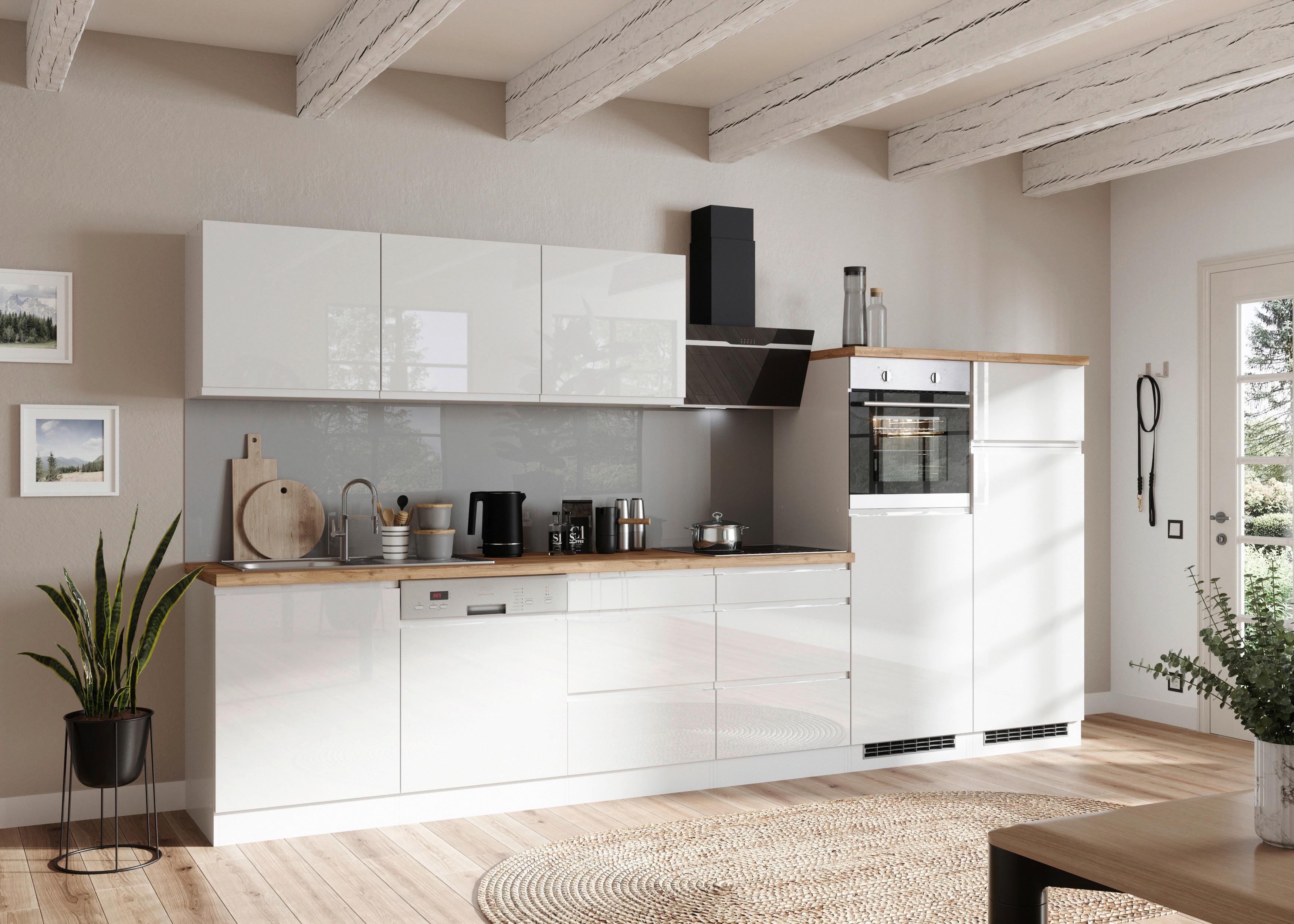 Küchenzeile Monza ohne Geräte B: 360 cm Weiß/Eiche Dekor - Weiß Hochglanz/Eiche Wotan, LIFESTYLE, Holzwerkstoff (360cm) - Held