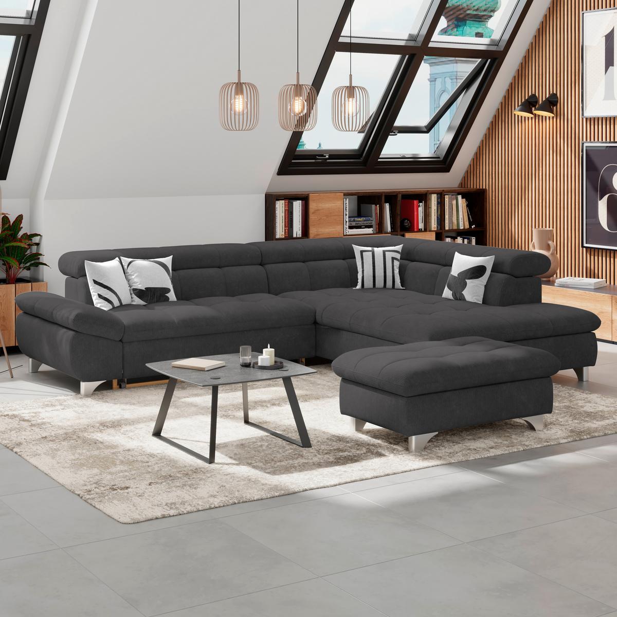 Ecksofa Gemini Schwarz, B: 312cm - Chromfarben/Schwarz, KONVENTIONELL, Textil (312/234cm)